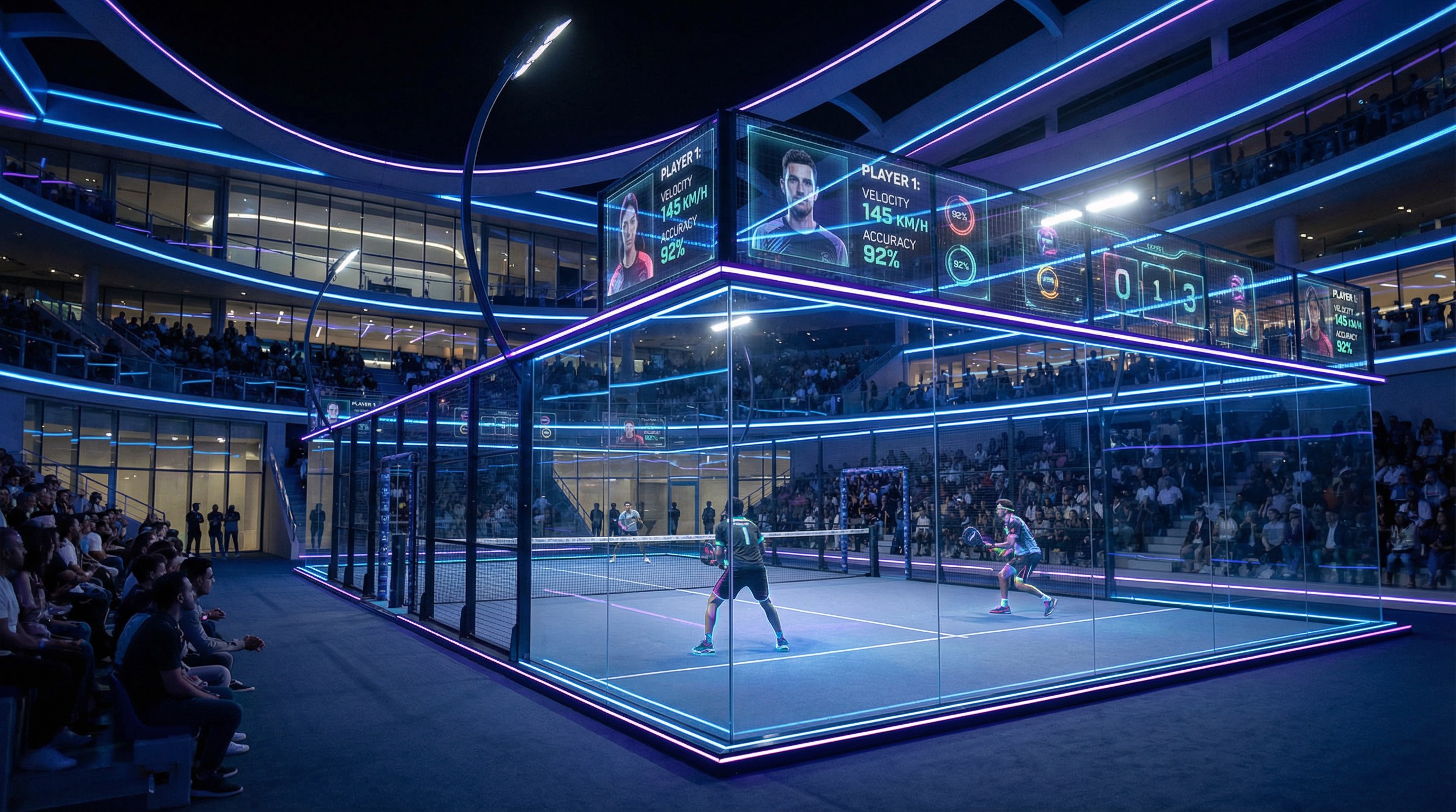 futuristic padel arena holographic