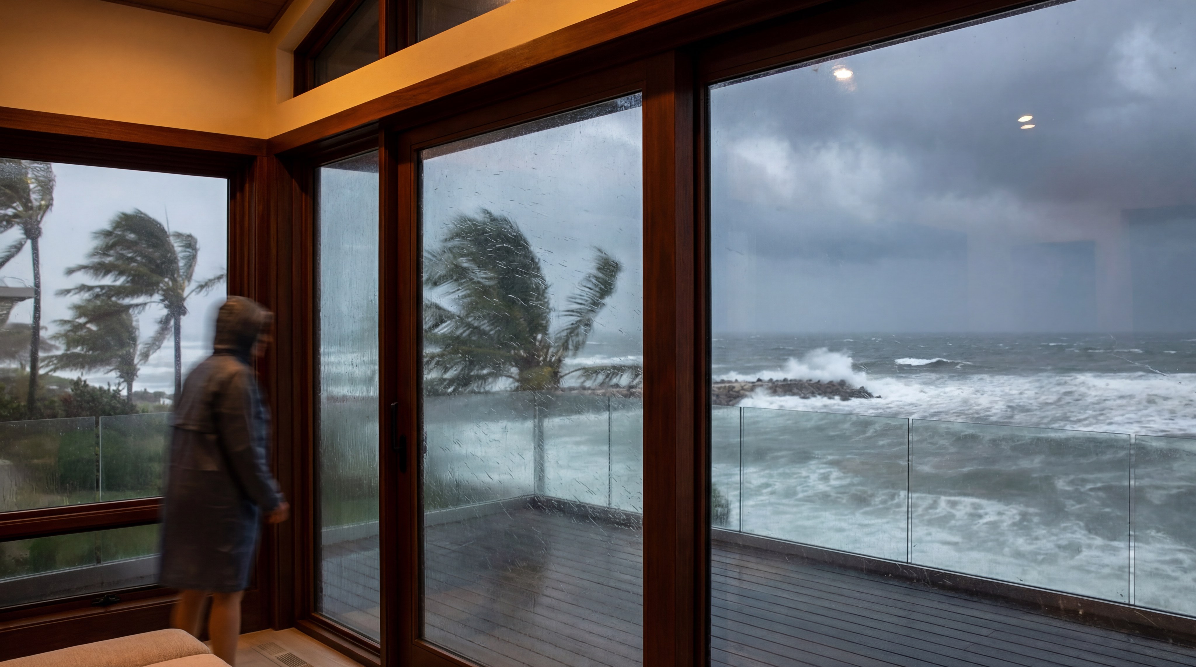 coastal home with windows surviving a heavy storm