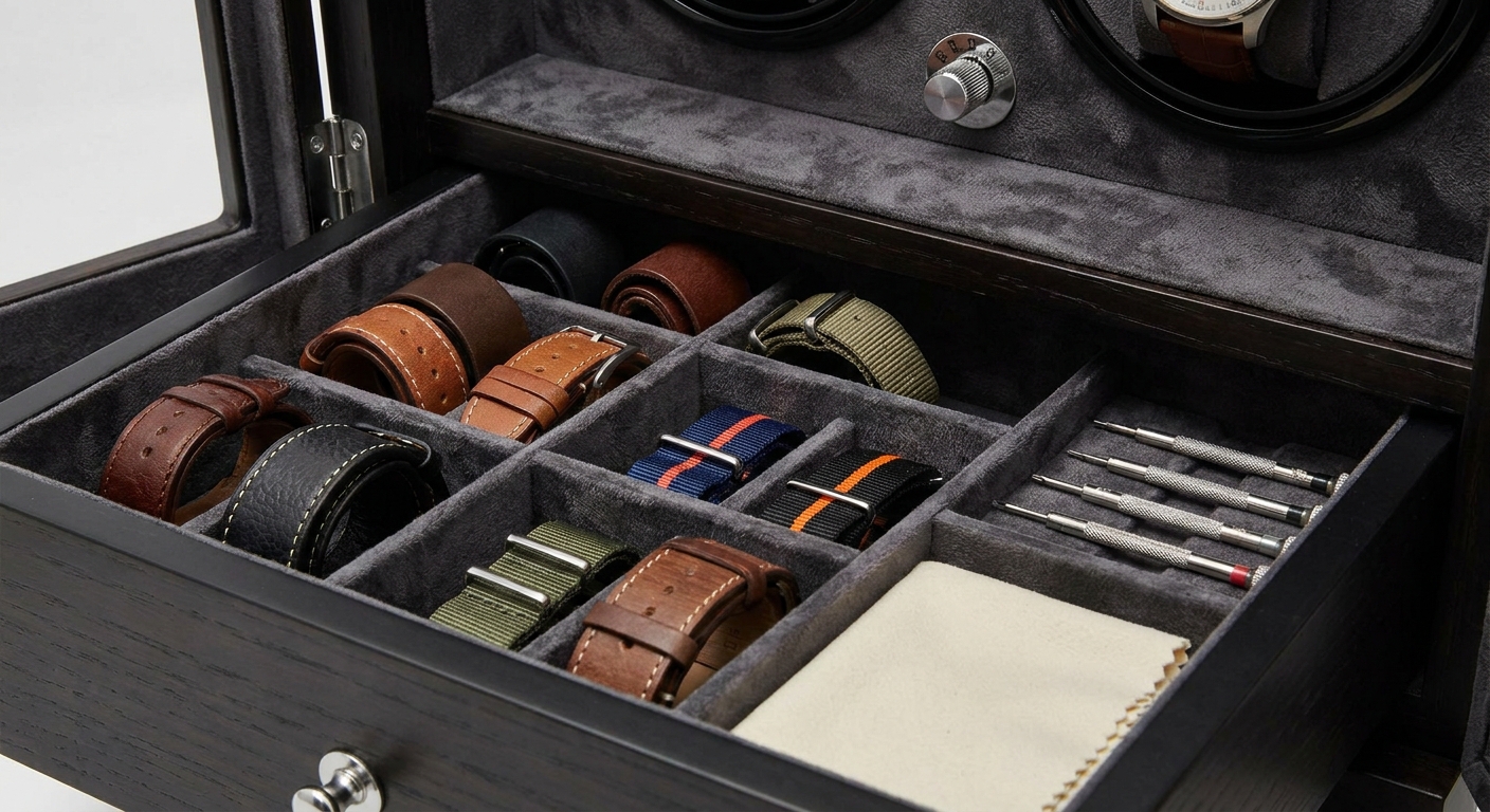 Internal storage drawer of a 6 watch winder box