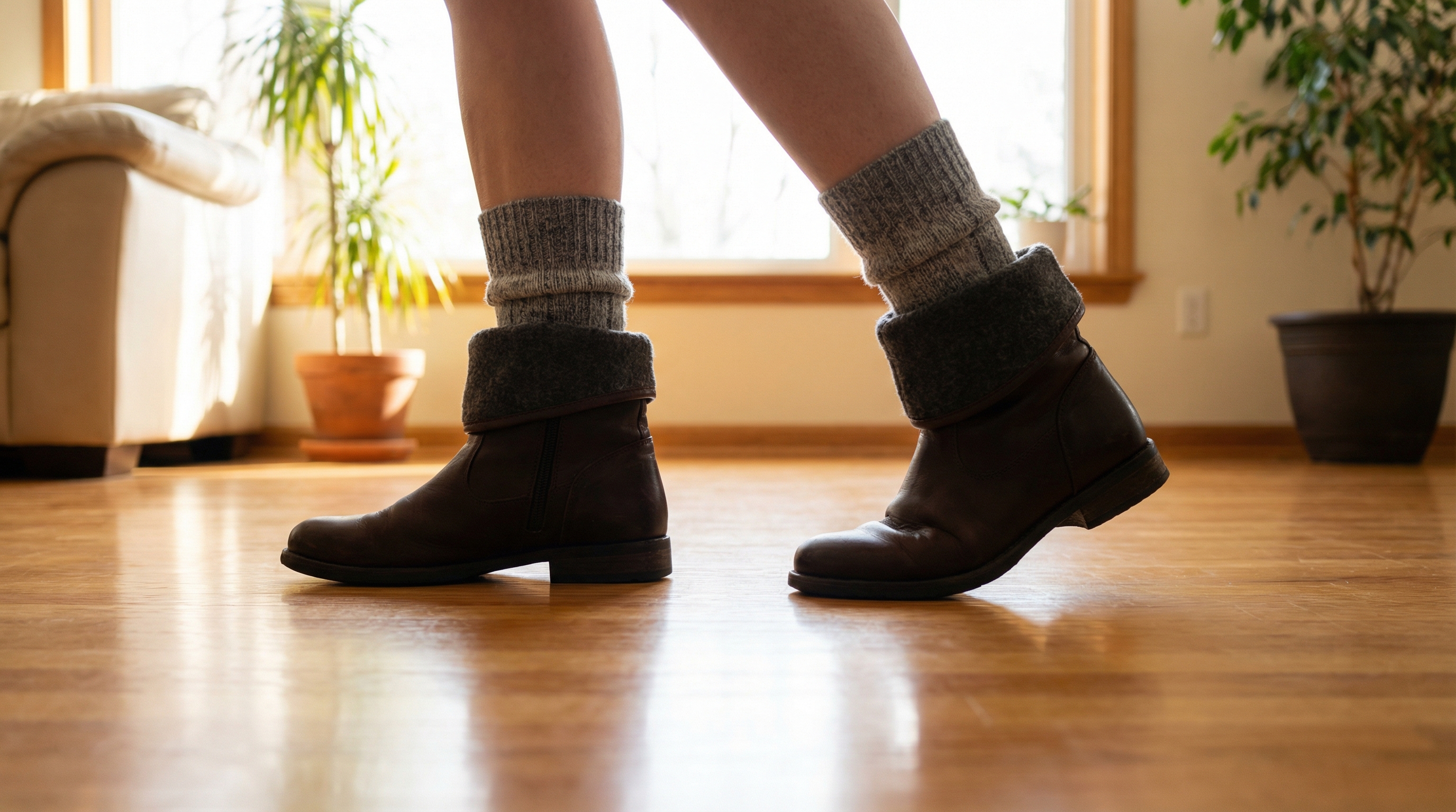 A person wearing a pair of high-end leather boots over two layers of thick wool socks, walking across a hardwood floor in a home setting