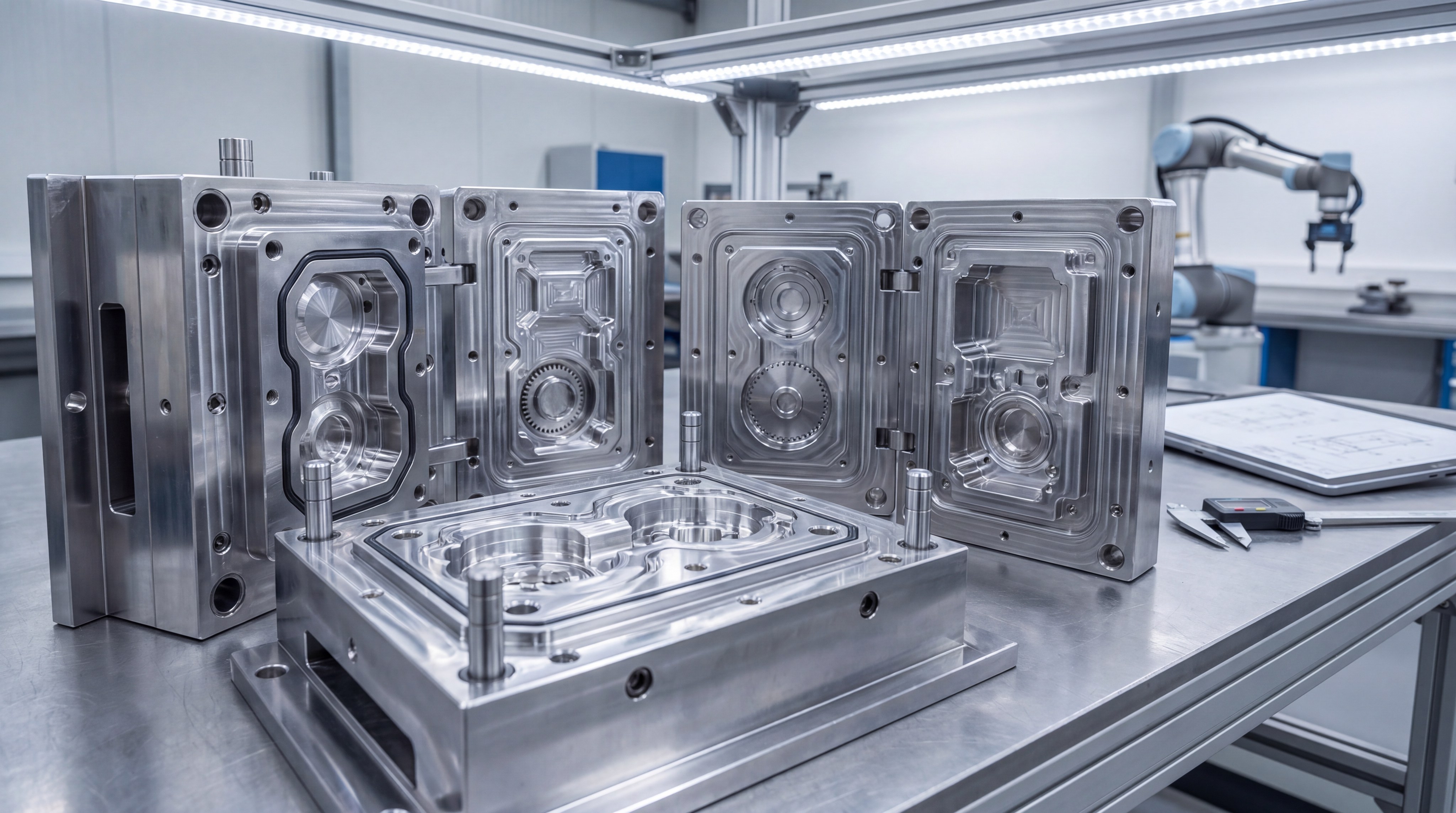 Close-up of high-precision stainless steel molds for industrial silicone part production