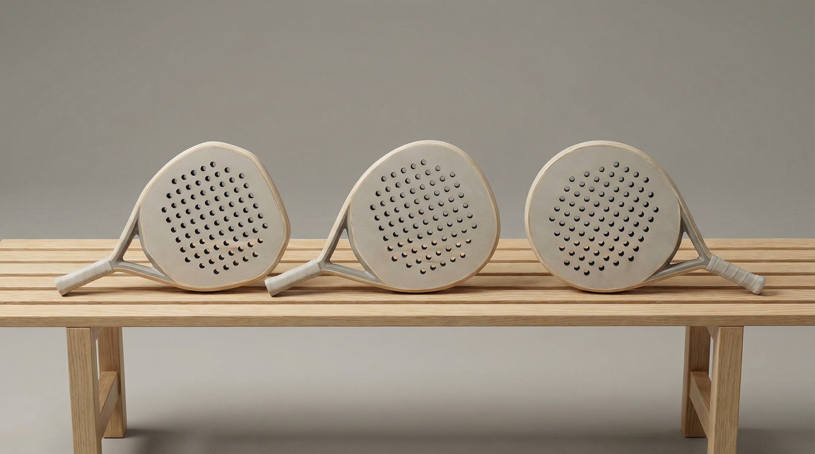 Photorealistic image of three different racket shapes (Diamond, Teardrop, Round) aligned on a bench
