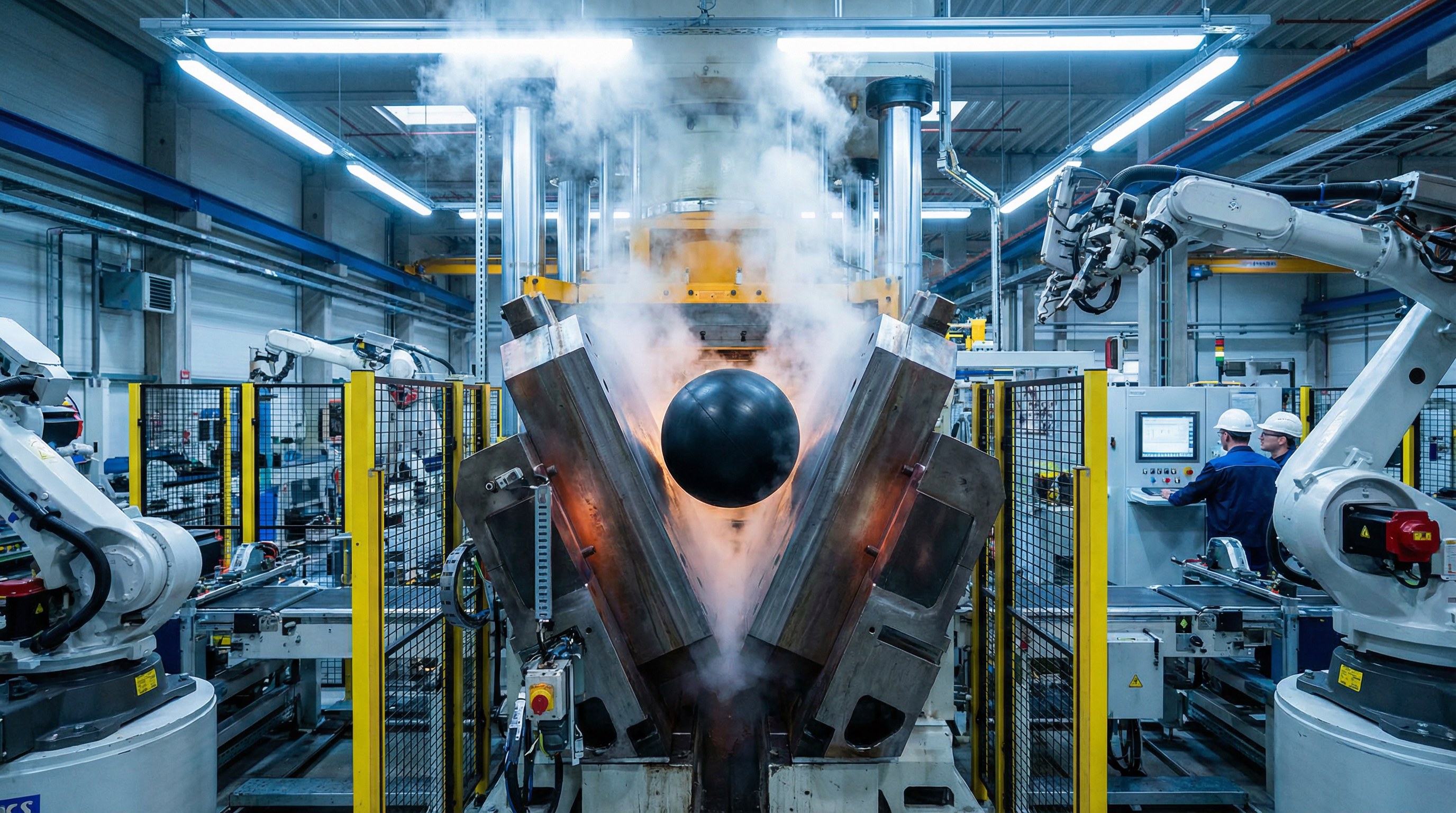 Photorealistic interior of a clean, high-tech factory showing the rubber core of a ball being fused in a heated metal mold.