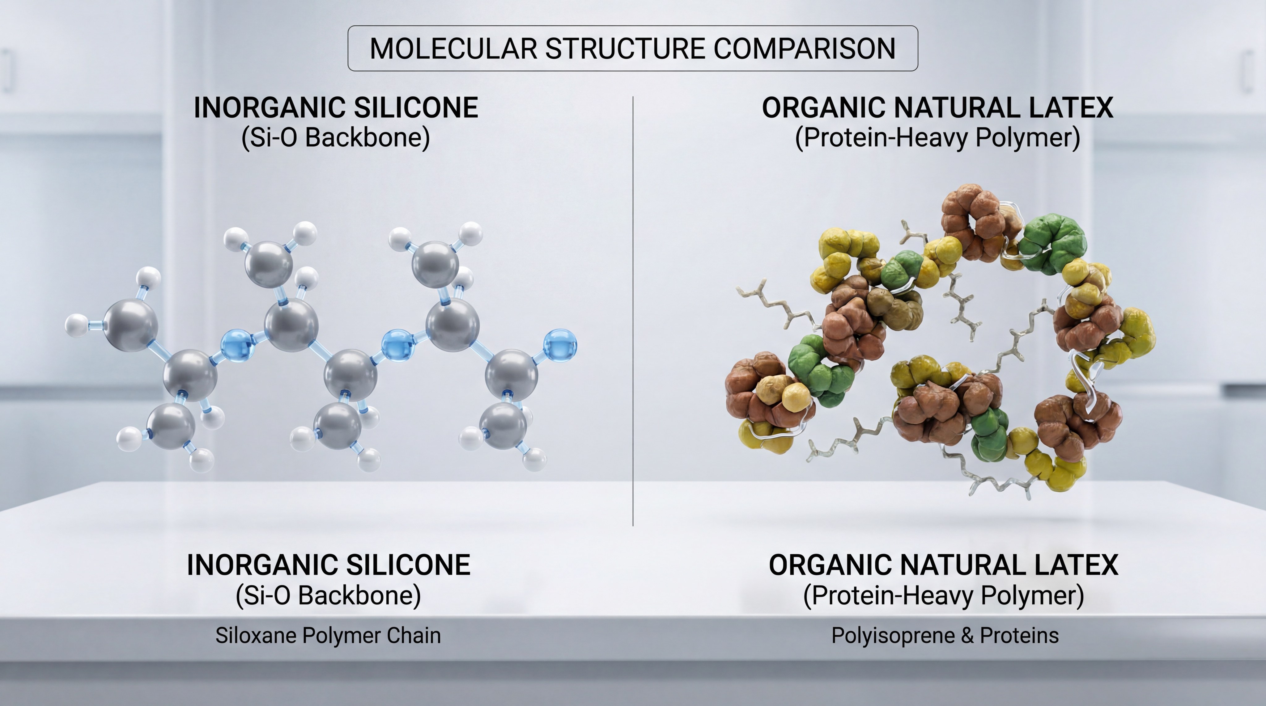 Alt Text: A hyper-realistic 3D molecular visualization showing the inorganic silicon-oxygen backbone of silicone on the left and the organic protein-heavy structure of natural latex on the right