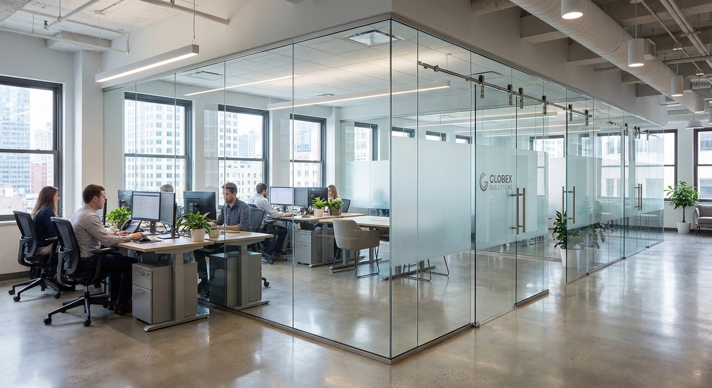Sleek glass office partitions creating separate meeting rooms in an open-plan workspace.