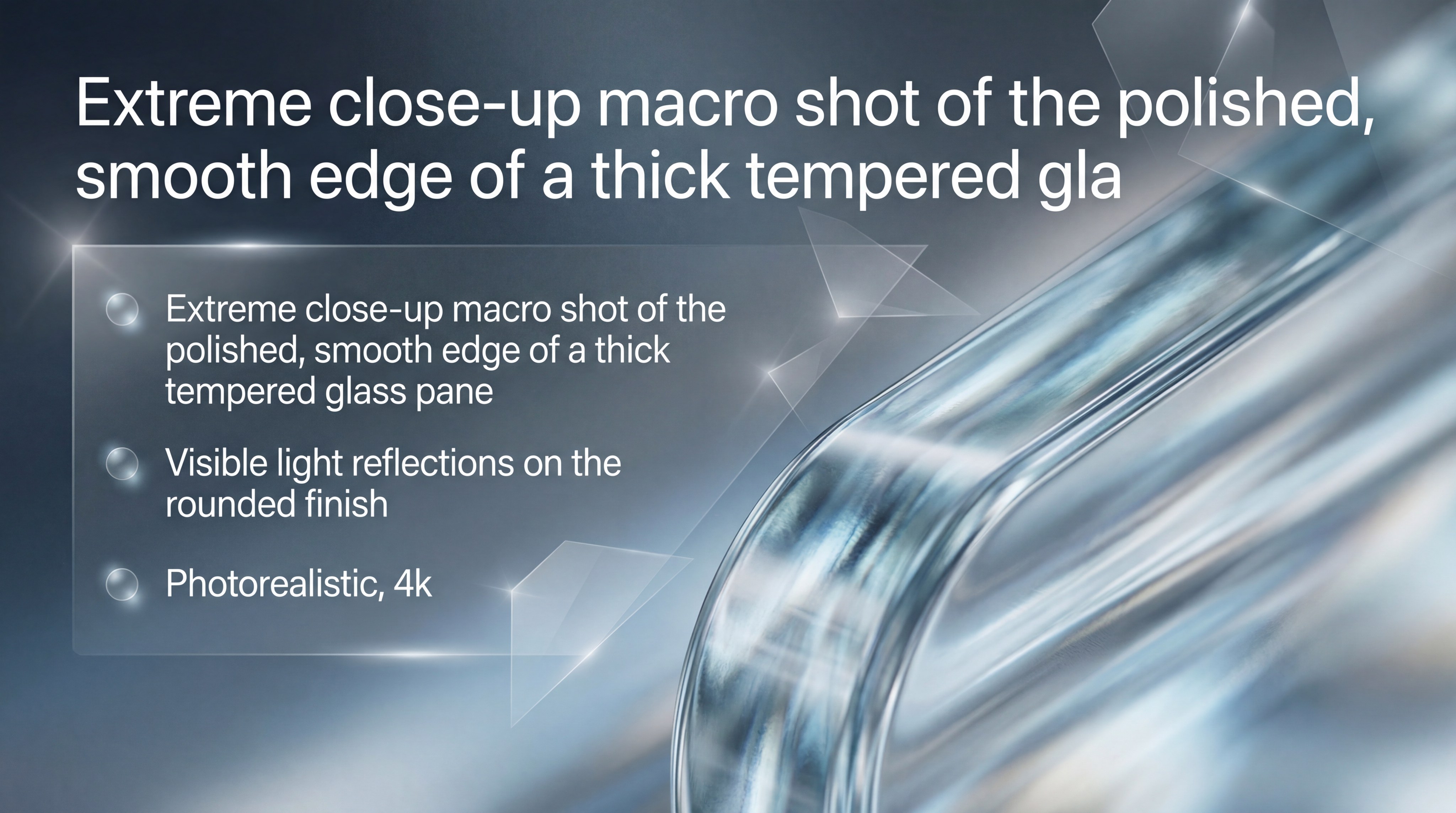 Extreme close-up macro shot of the polished, smooth edge of a thick tempered glass pane