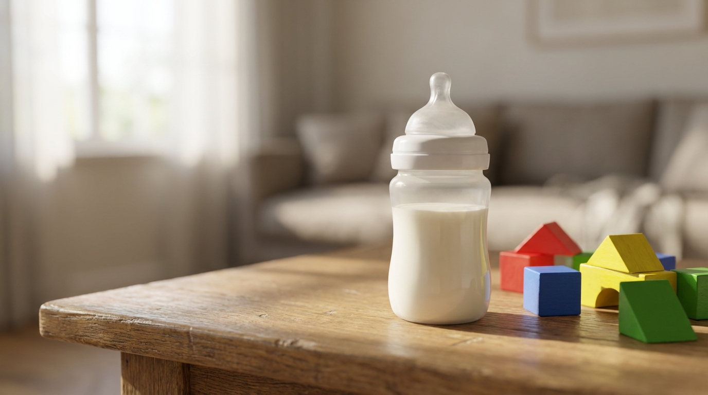 Photorealistic 16:9 image of a high-quality, wide-neck silicone baby bottle sitting on a clean wooden table next to a toddler's colorful wooden blocks, soft natural lighting, depth of field, 8k resolution.