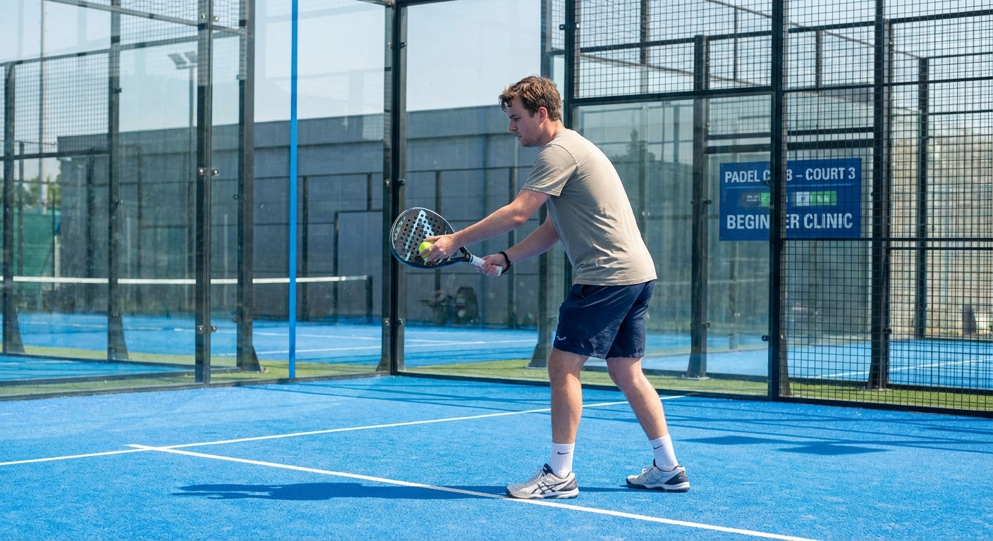 beginner padel player serve preparation