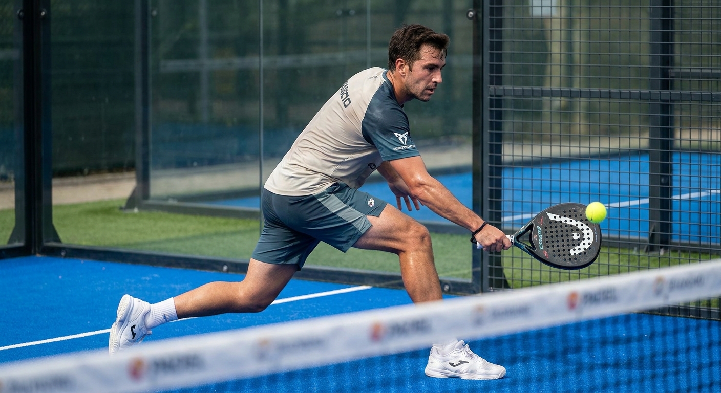 Action shot of a player lunging in padel shorts