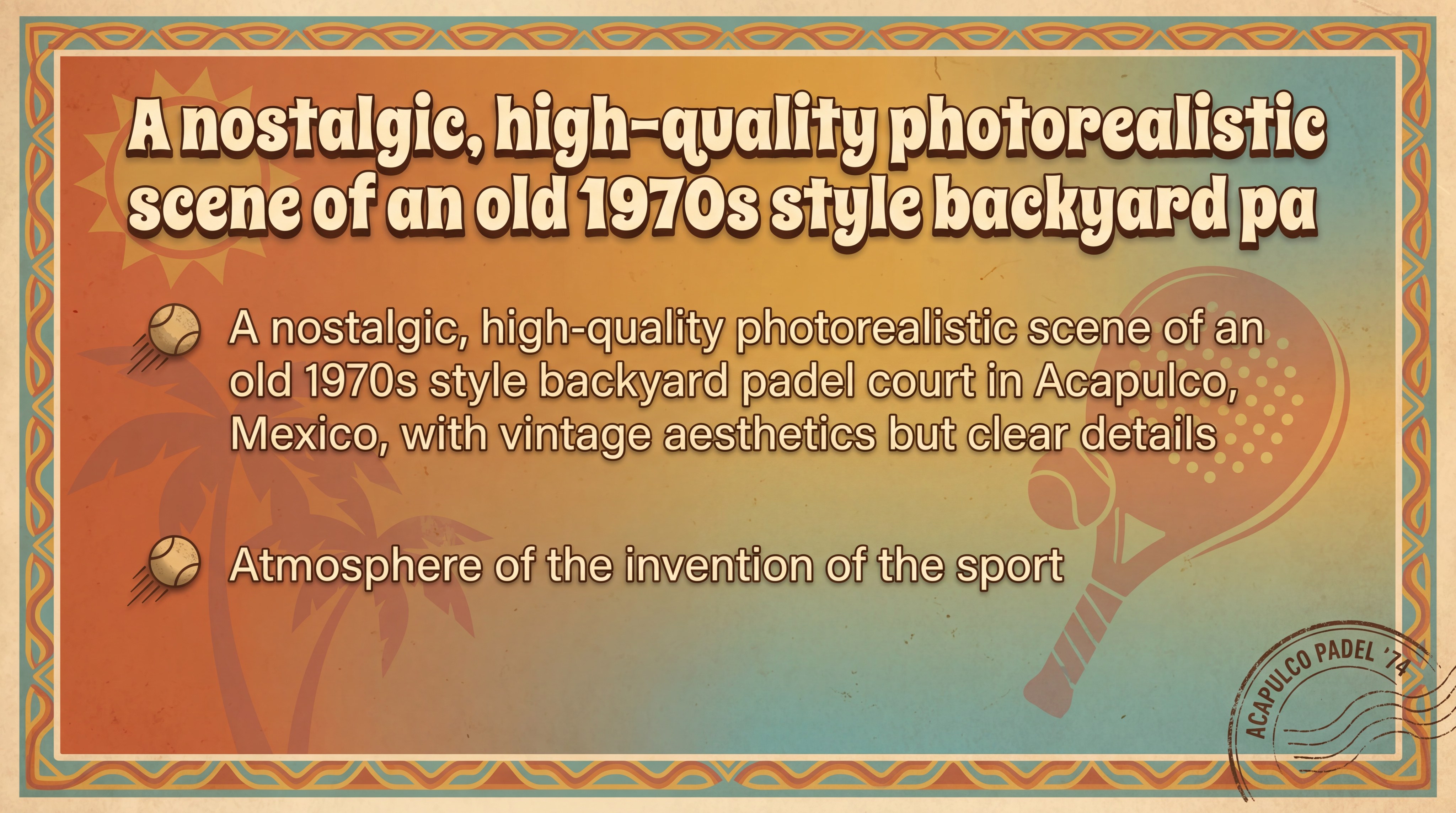 A nostalgic, high-quality photorealistic scene of an old 1970s style backyard padel court in Acapulco, Mexico