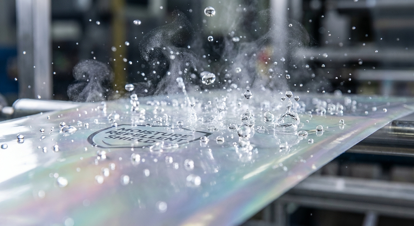 Macro shot of water droplets rolling off a moisture-repellent barrier film