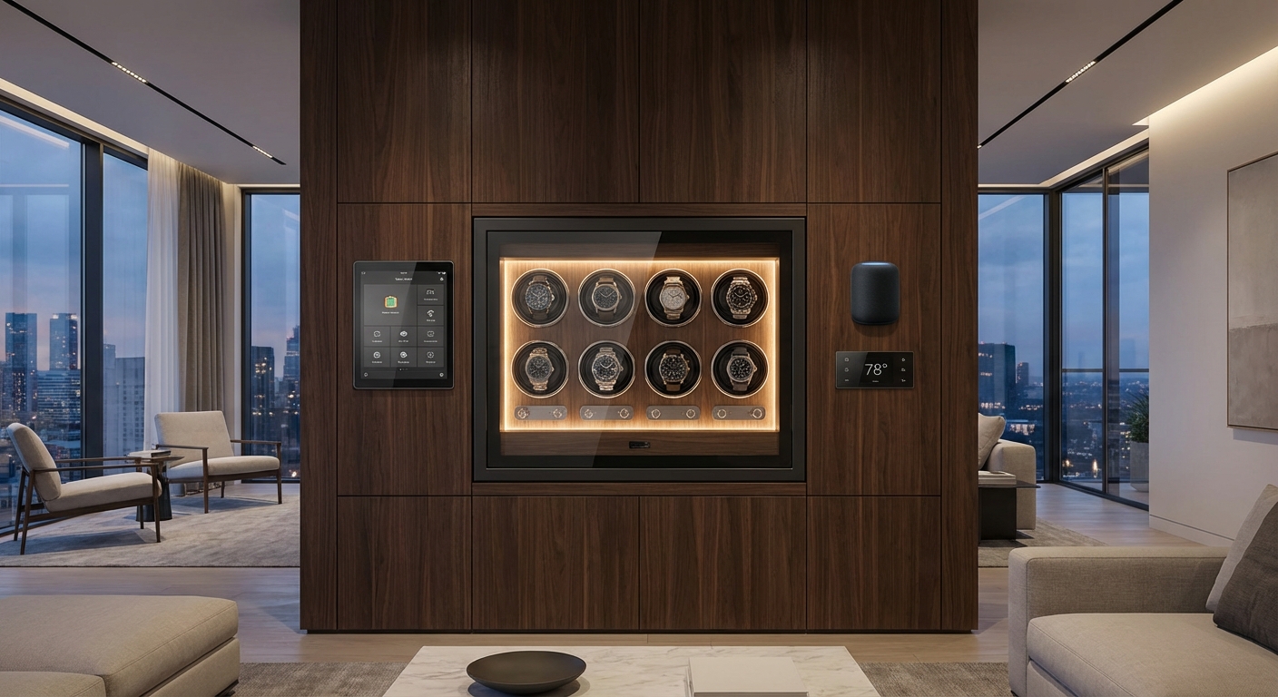 A high-tech visualization of a smart watch winder safe interface