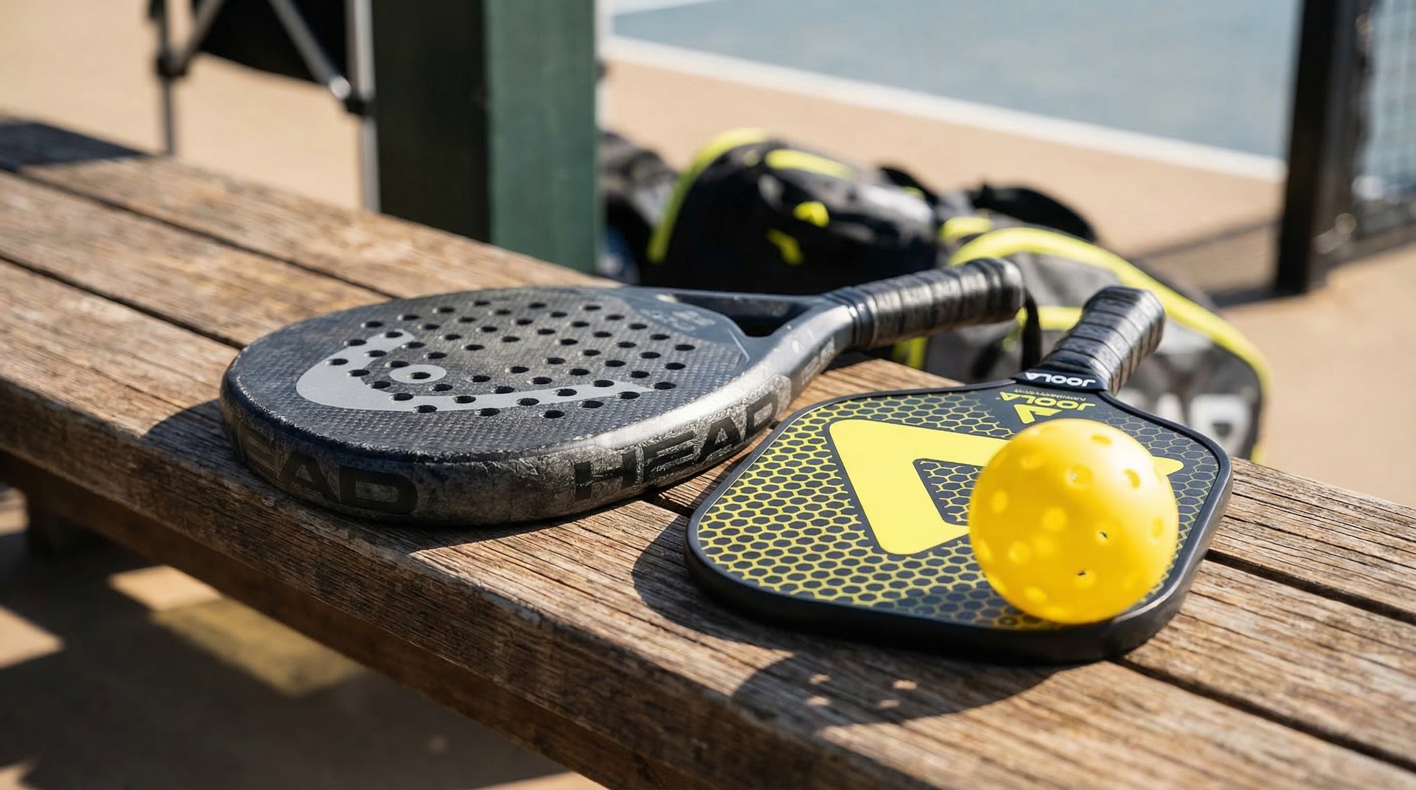 Close-up of padel pala and pickleball paddle gear
