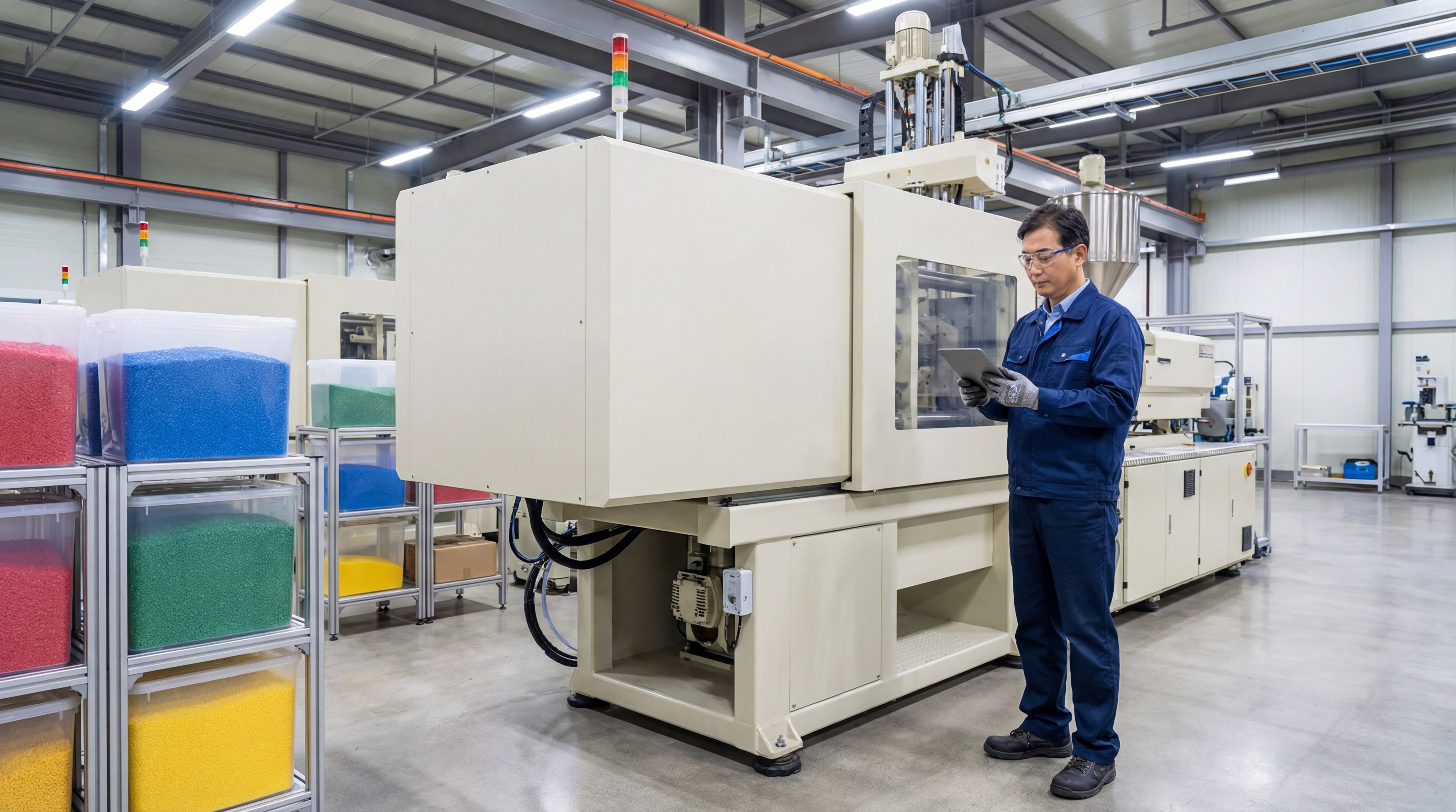 An Asian technician monitoring the large machine that heats up the plastic.