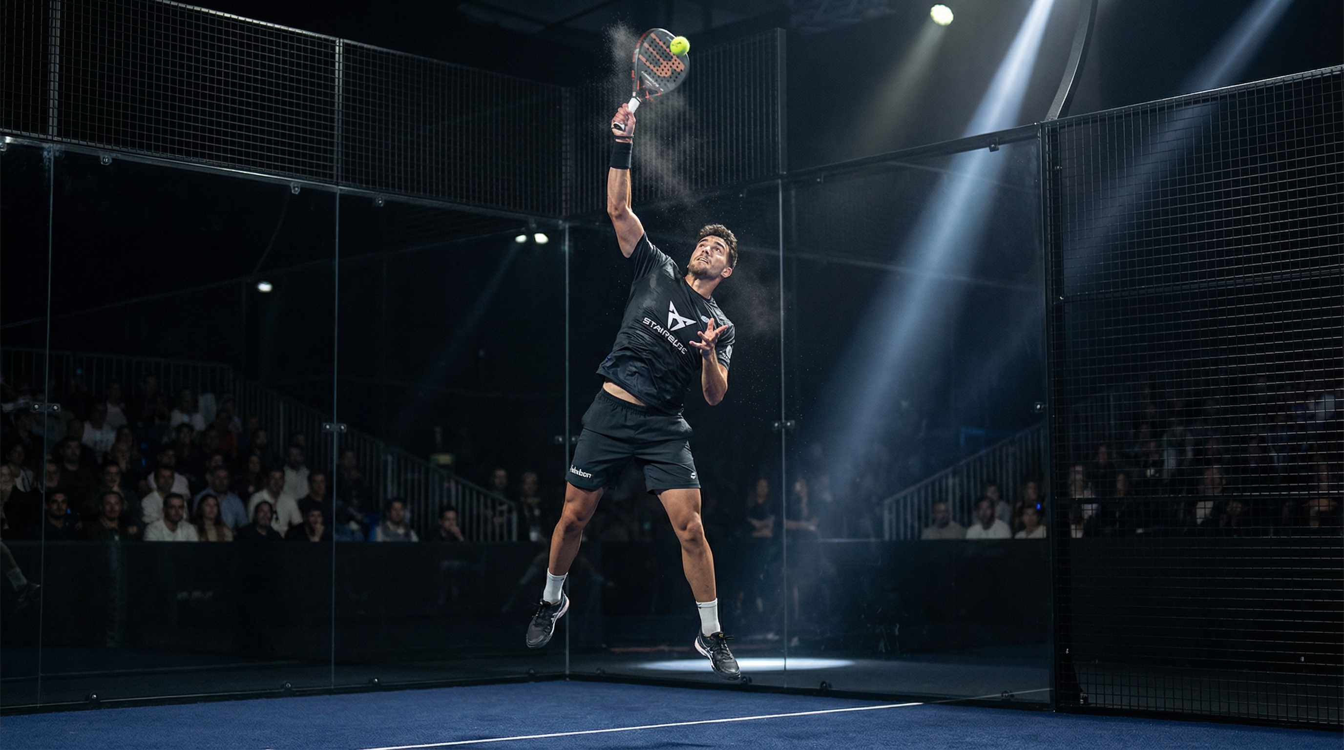 Photorealistic image of a professional padel player performing an overhead smash on a dark-themed court
