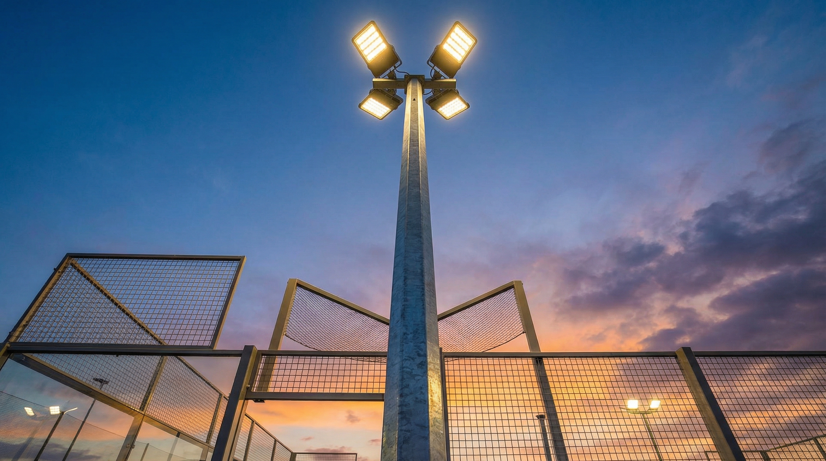 led floodlights padel court twilight