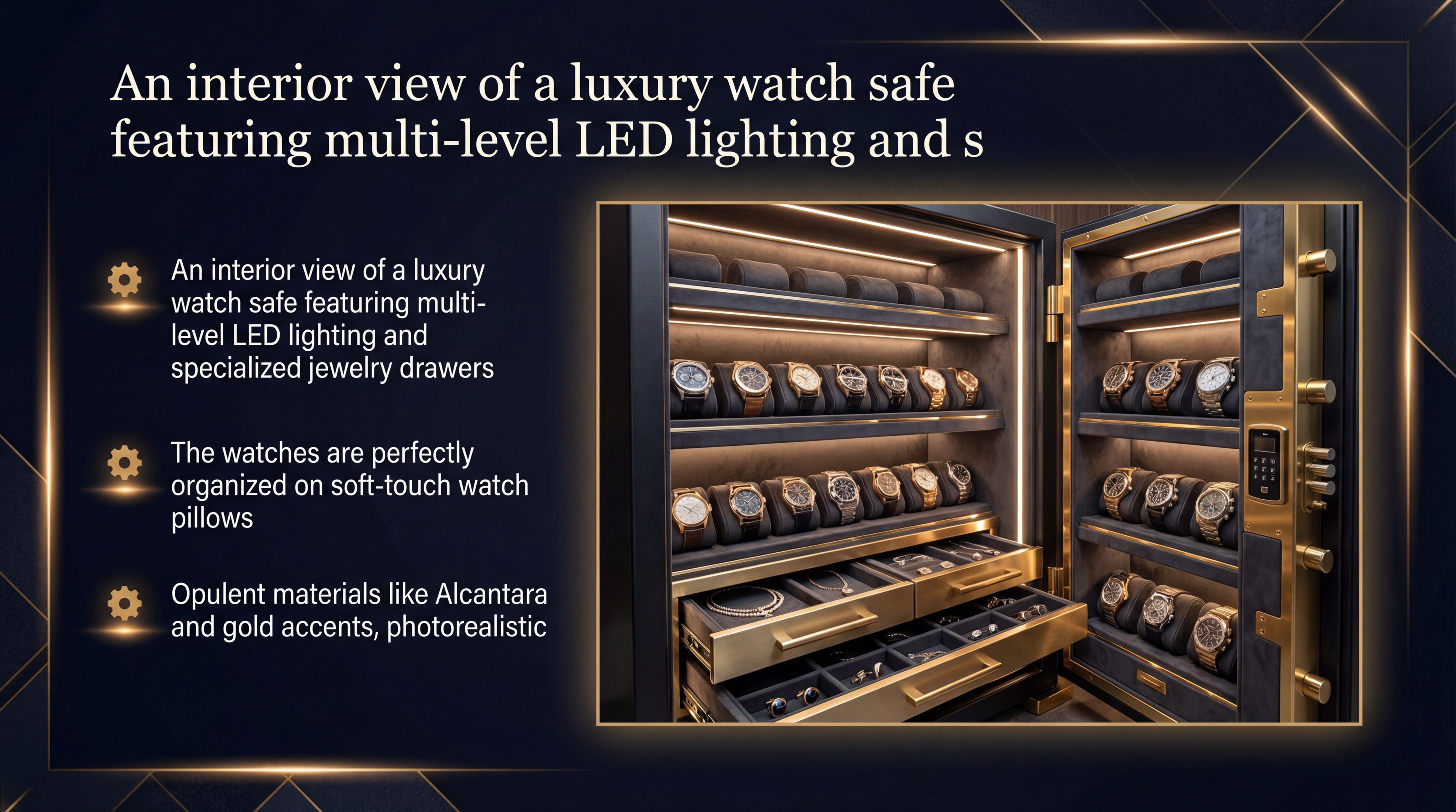 An interior view of a luxury watch safe featuring multi-level LED lighting