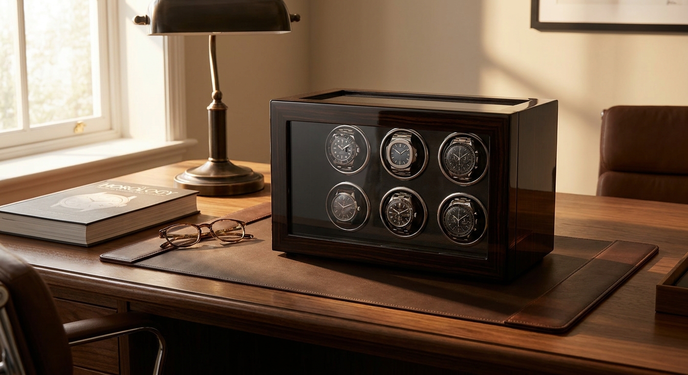 A luxury 6 watch winder box showcasing a diverse automatic collection