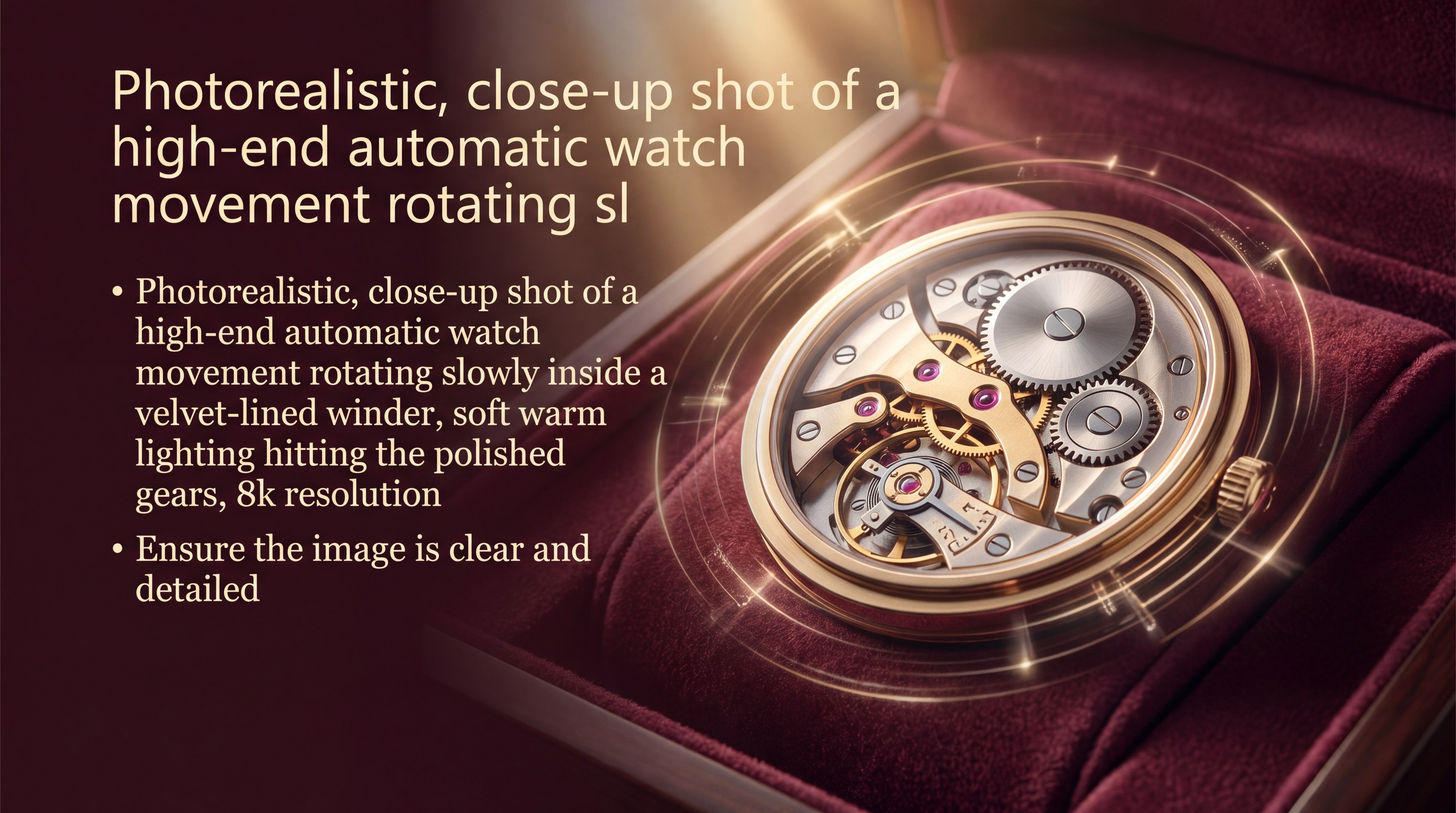 A photorealistic, close-up shot of a high-end automatic watch movement rotating slowly inside a velvet-lined winder, soft warm lighting hitting the polished gears