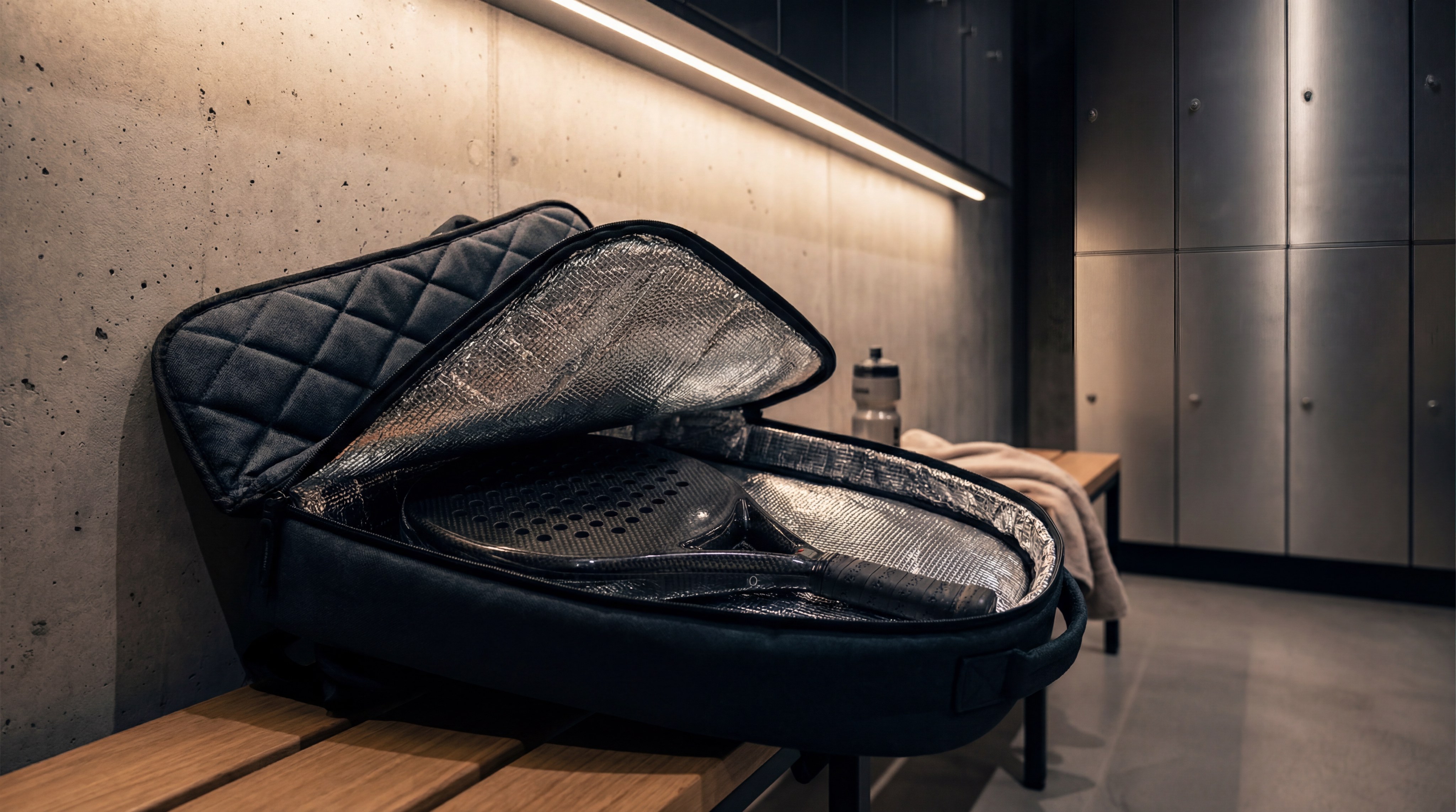 padel racket resting inside a high-quality thermal-lined padded bag