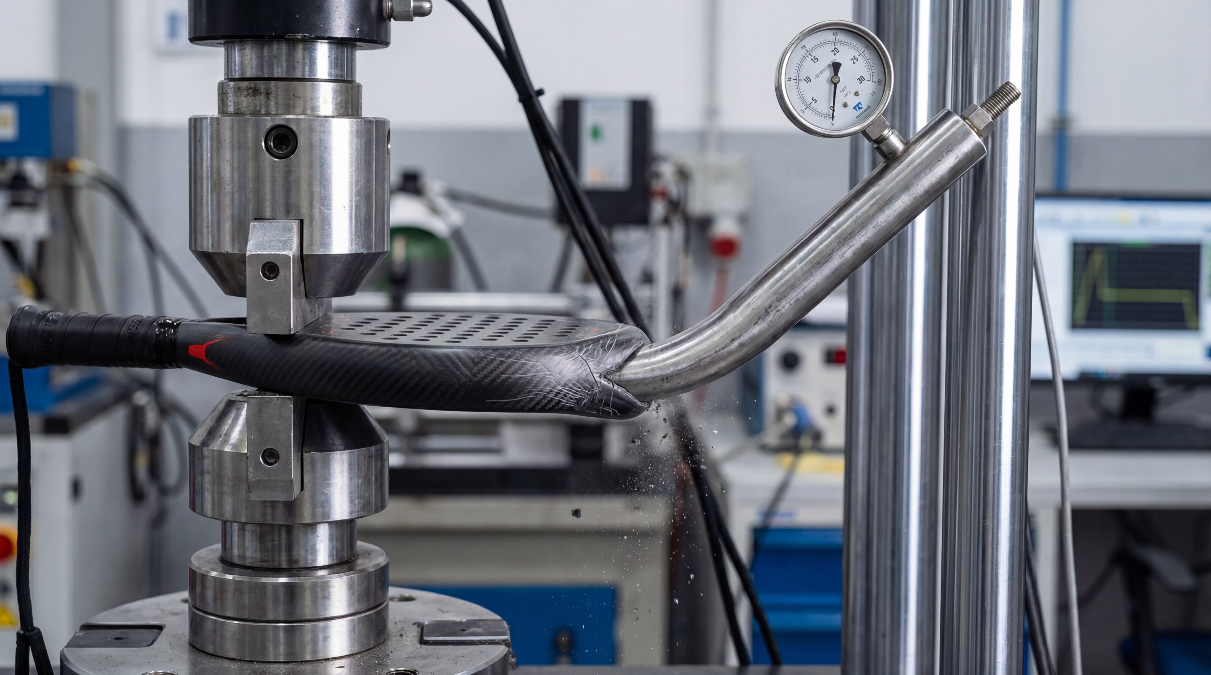 A photorealistic, futuristic image of a 2025 Siux racket model being analyzed by laser scanners in a dark, high-tech development lab.