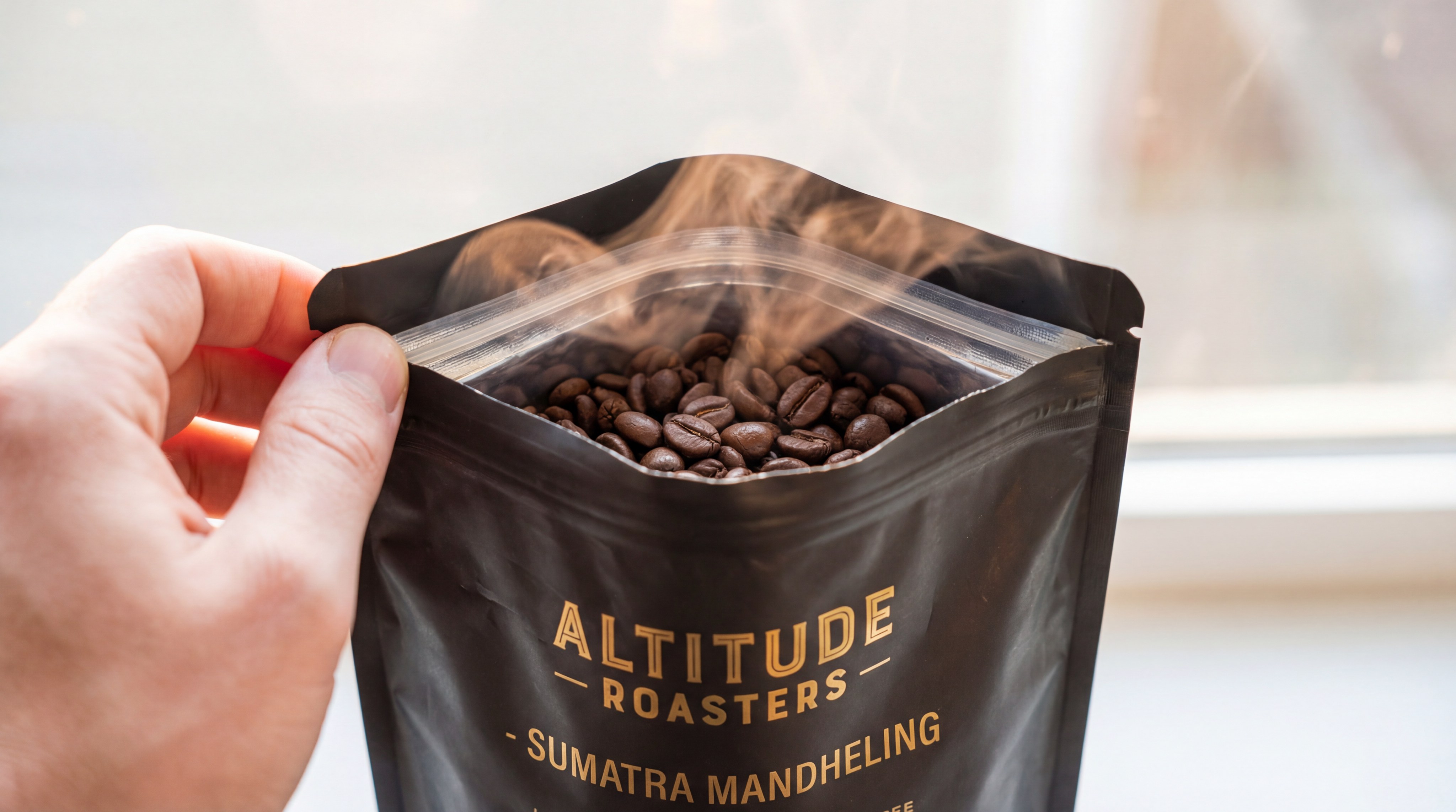 Premium Coffee Bag Opening with Aromatic Steam