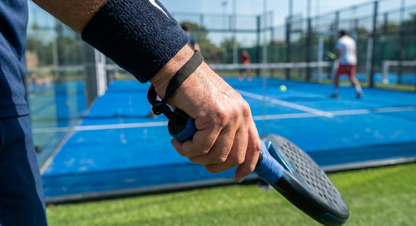 Close-up of a player's grip and safety strap on a blue court