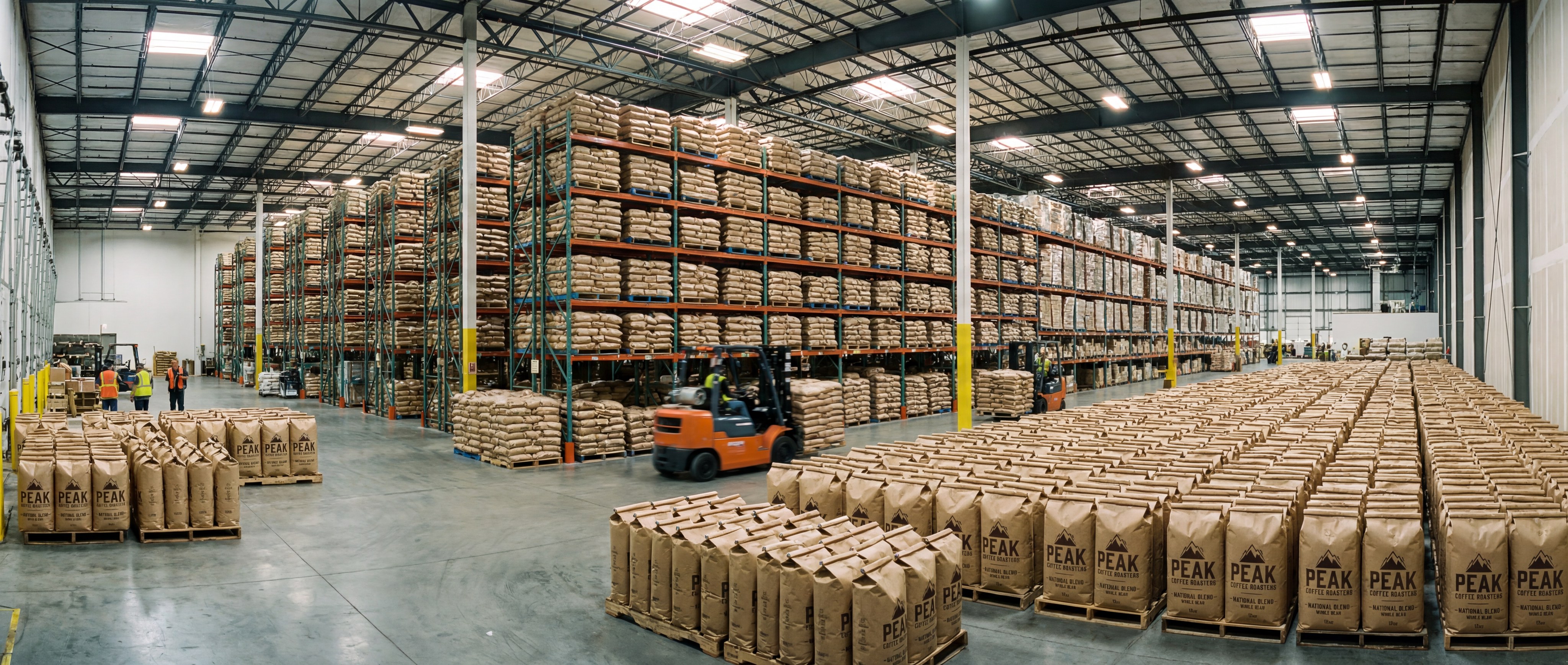 A photorealistic wide shot of a massive warehouse filled with thousands of identical, perfectly printed coffee bags ready for national distribution.