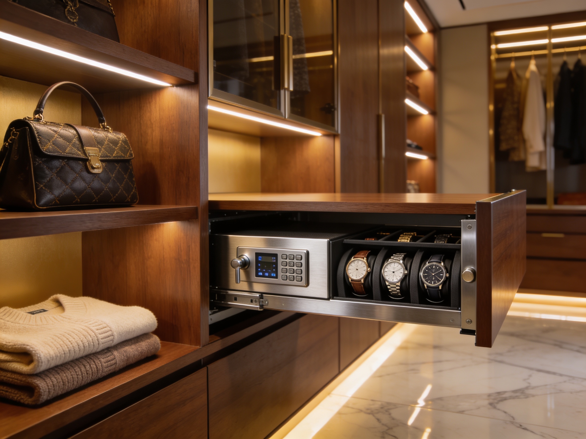 Hidden watch winder safe integrated into a luxury closet