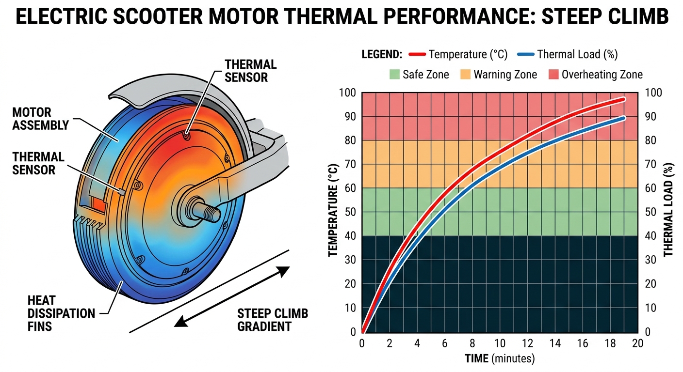 Technical diagram showing the thermal load curves of a motor on a steep climb