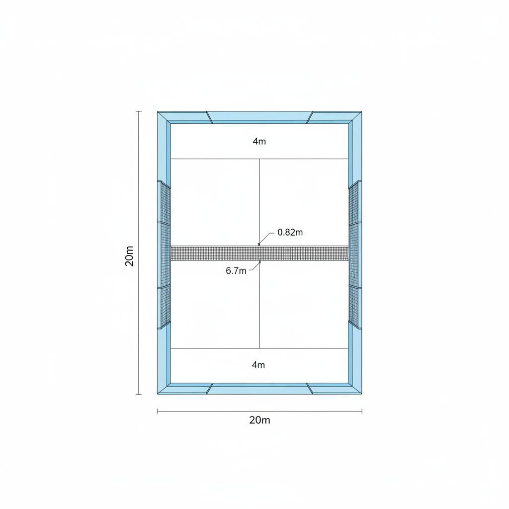 A technical diagram showing the precise measurements of a professional court
