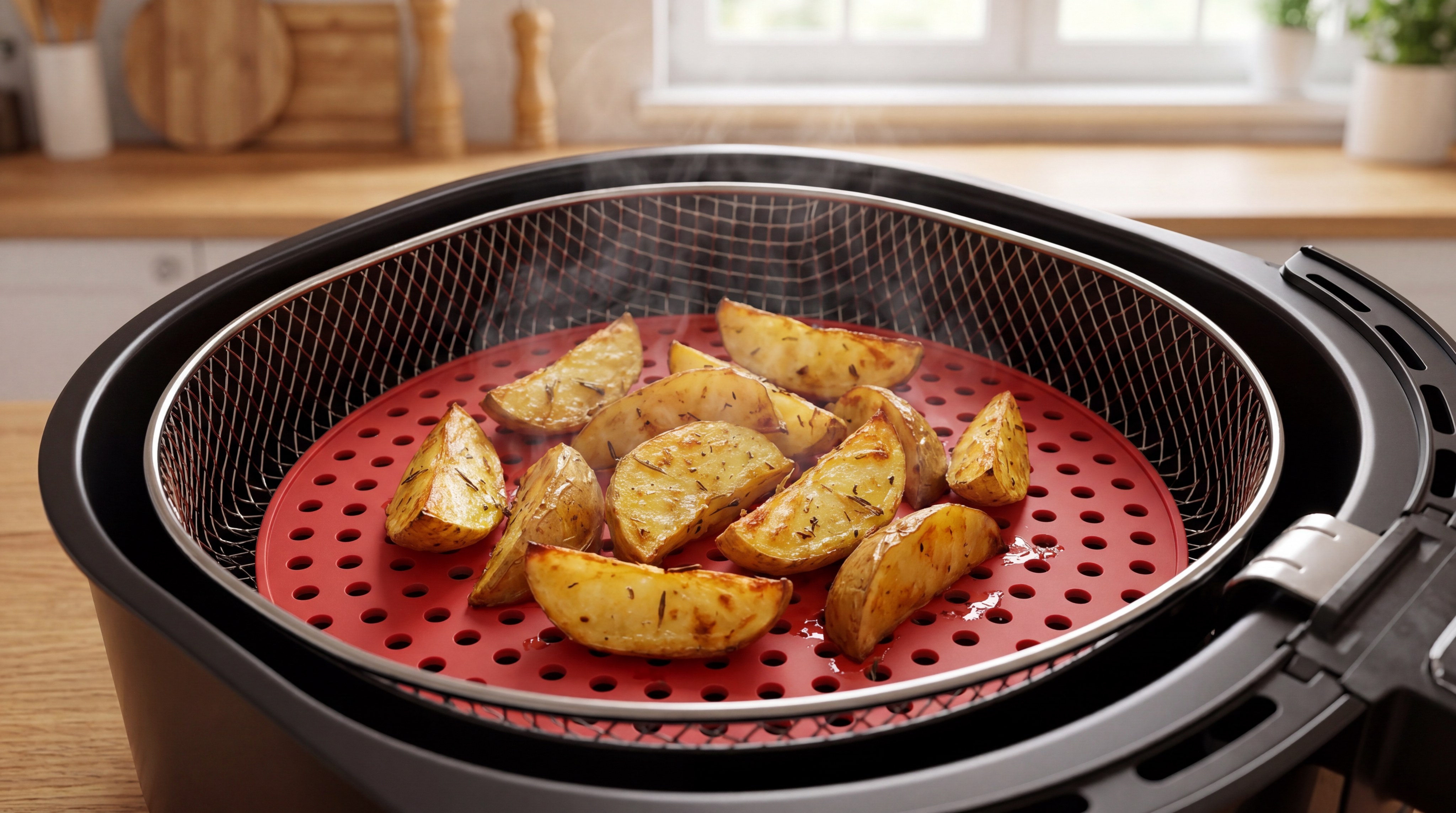 Air Fryer Potato Wedges on Red Silicone Mat