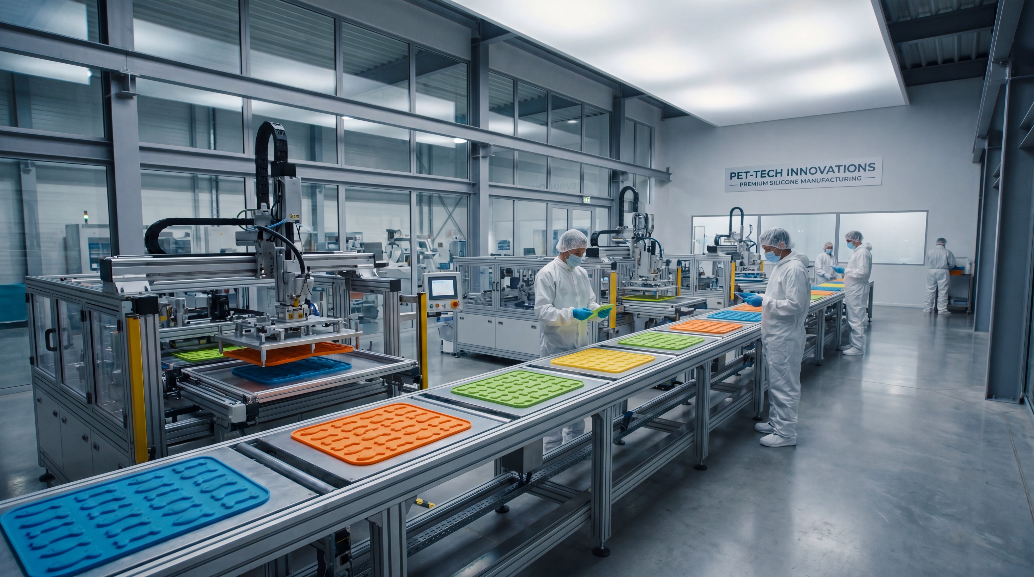 Production line of silicone pet mats in a clean factory environment