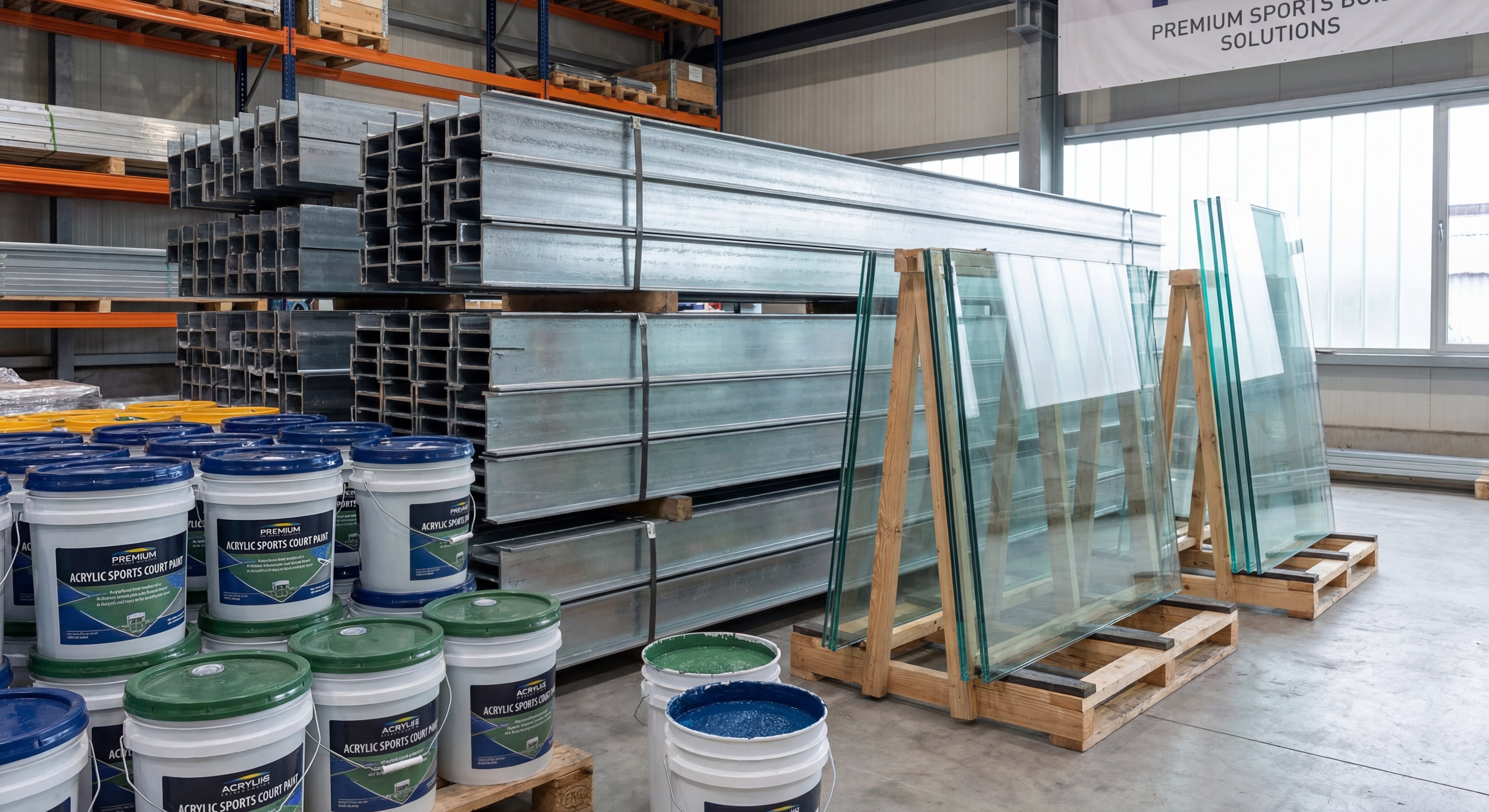 Warehouse with steel and glass materials for court construction
