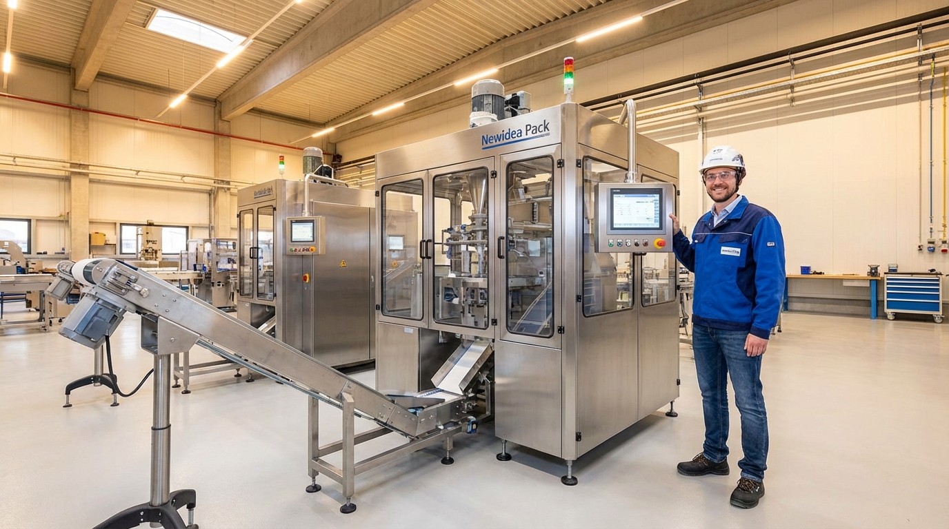 Professional operator with modern powder packaging machine