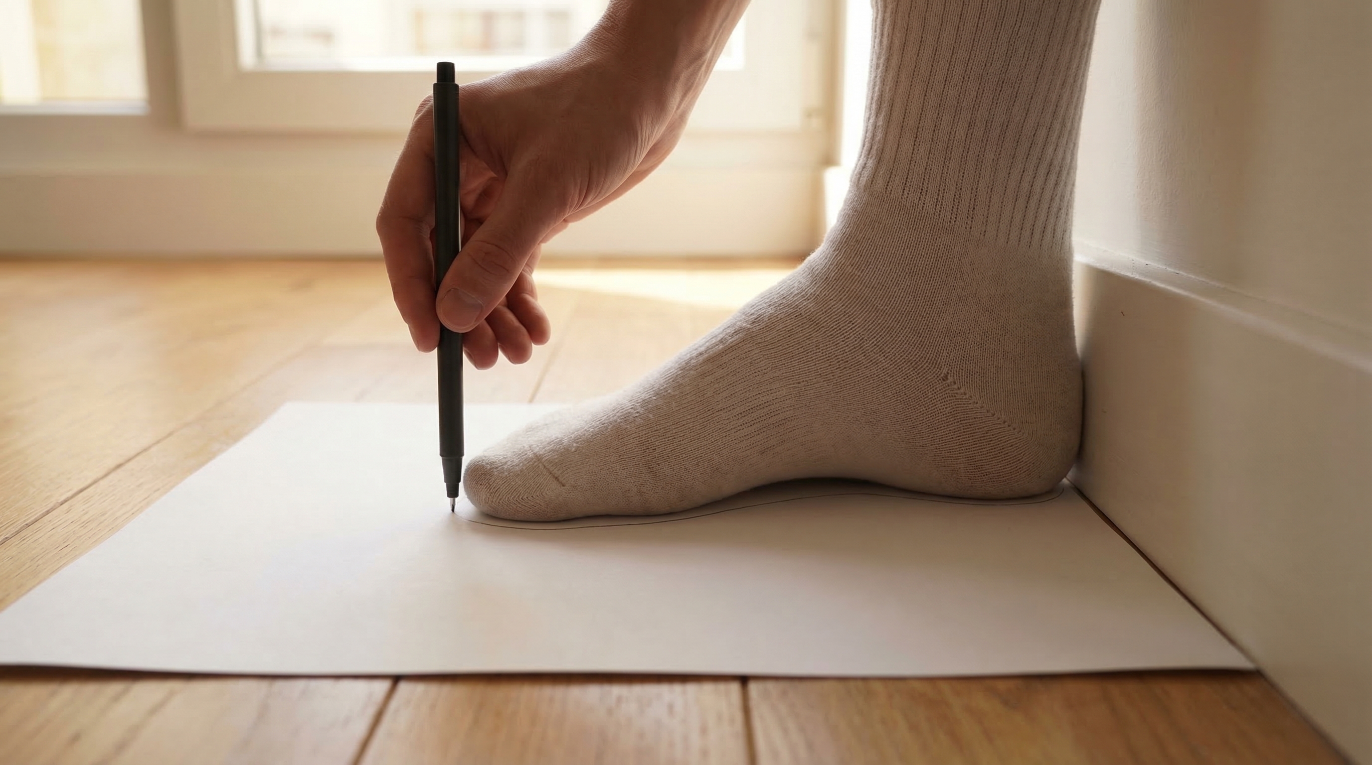 A person standing with their heel against a wall tracing their foot on a piece of paper with a black pen