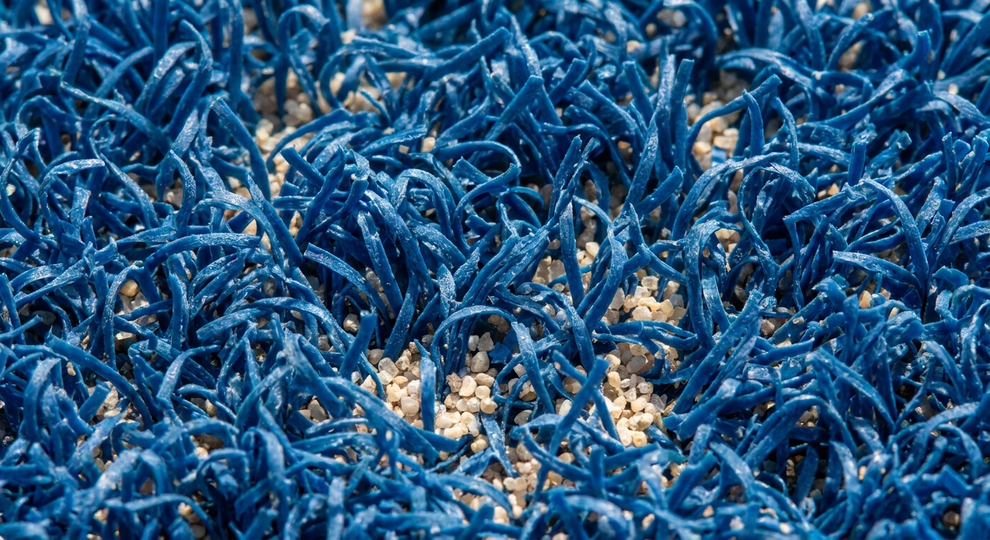 Extreme closeup of blue monofilament artificial turf with silica sand infill