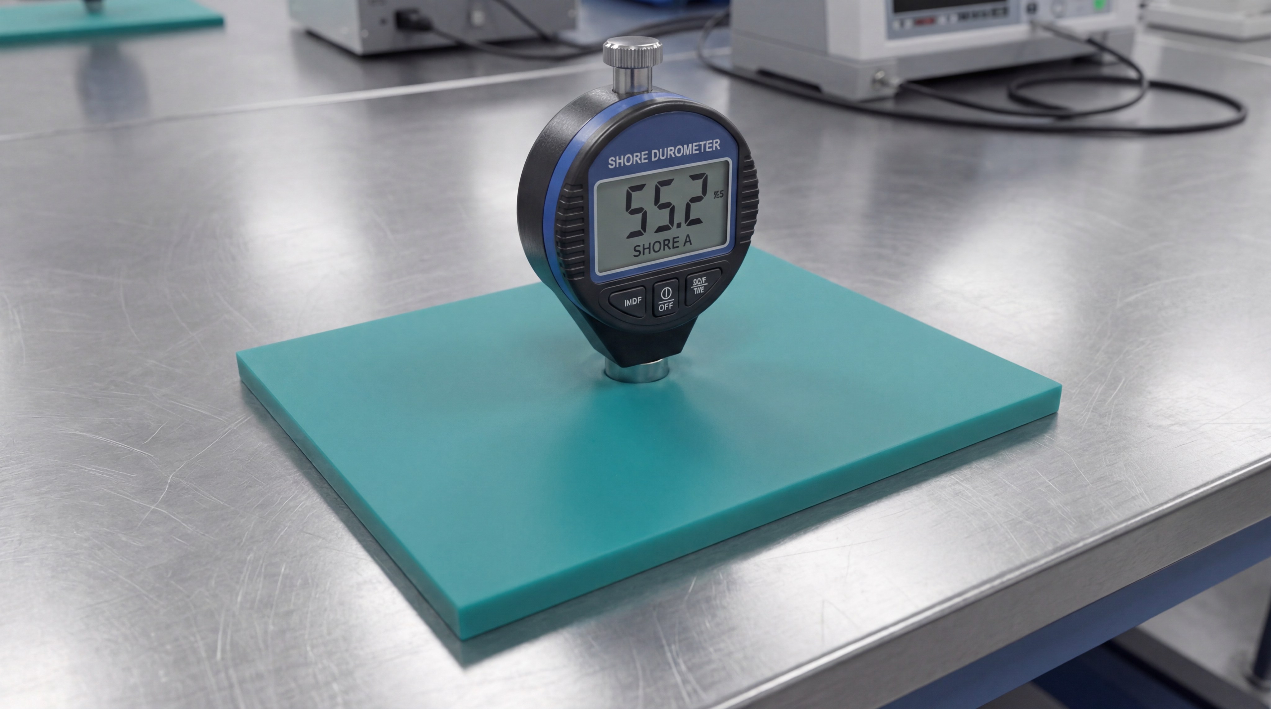 Quality inspector using a digital durometer to test a finished silicone batch.