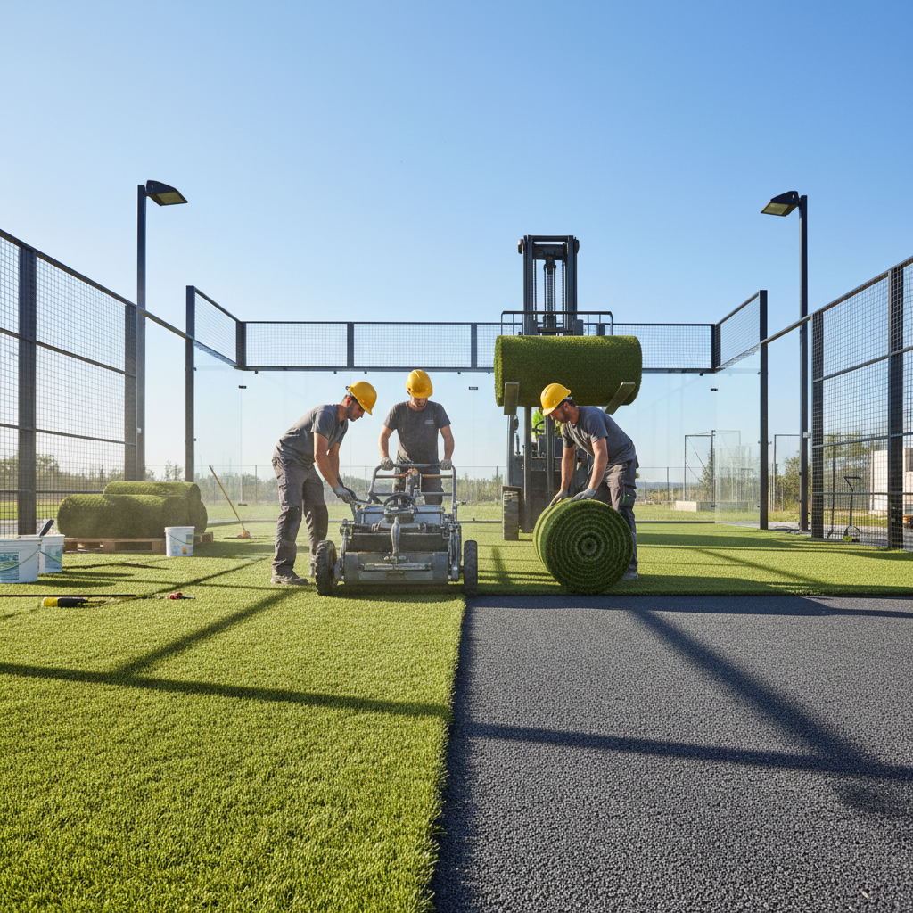 Professional installer applying adhesive to a padel turf seam on a concrete base