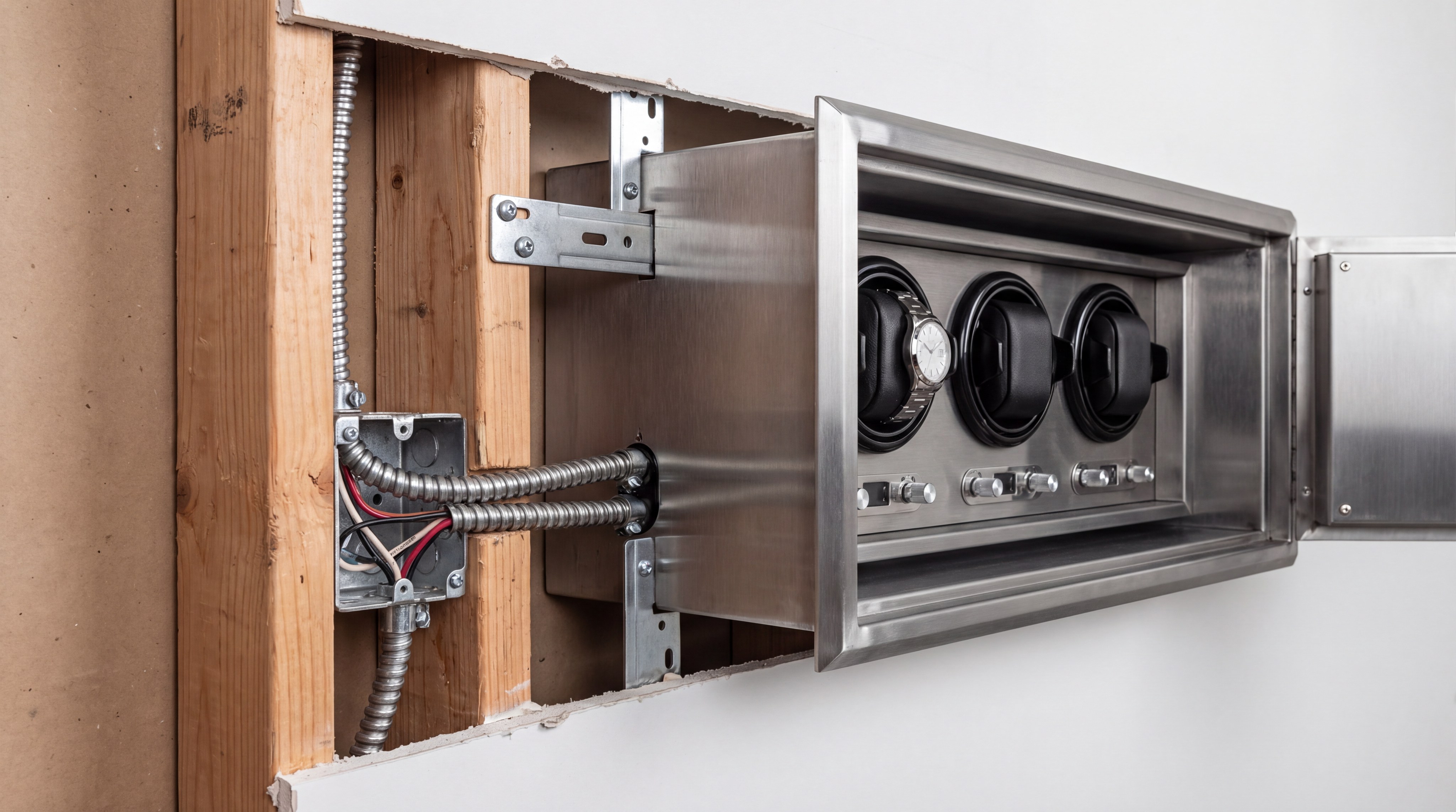 Technical view of a wall safe installation, showing the steel box fitted between wooden studs.