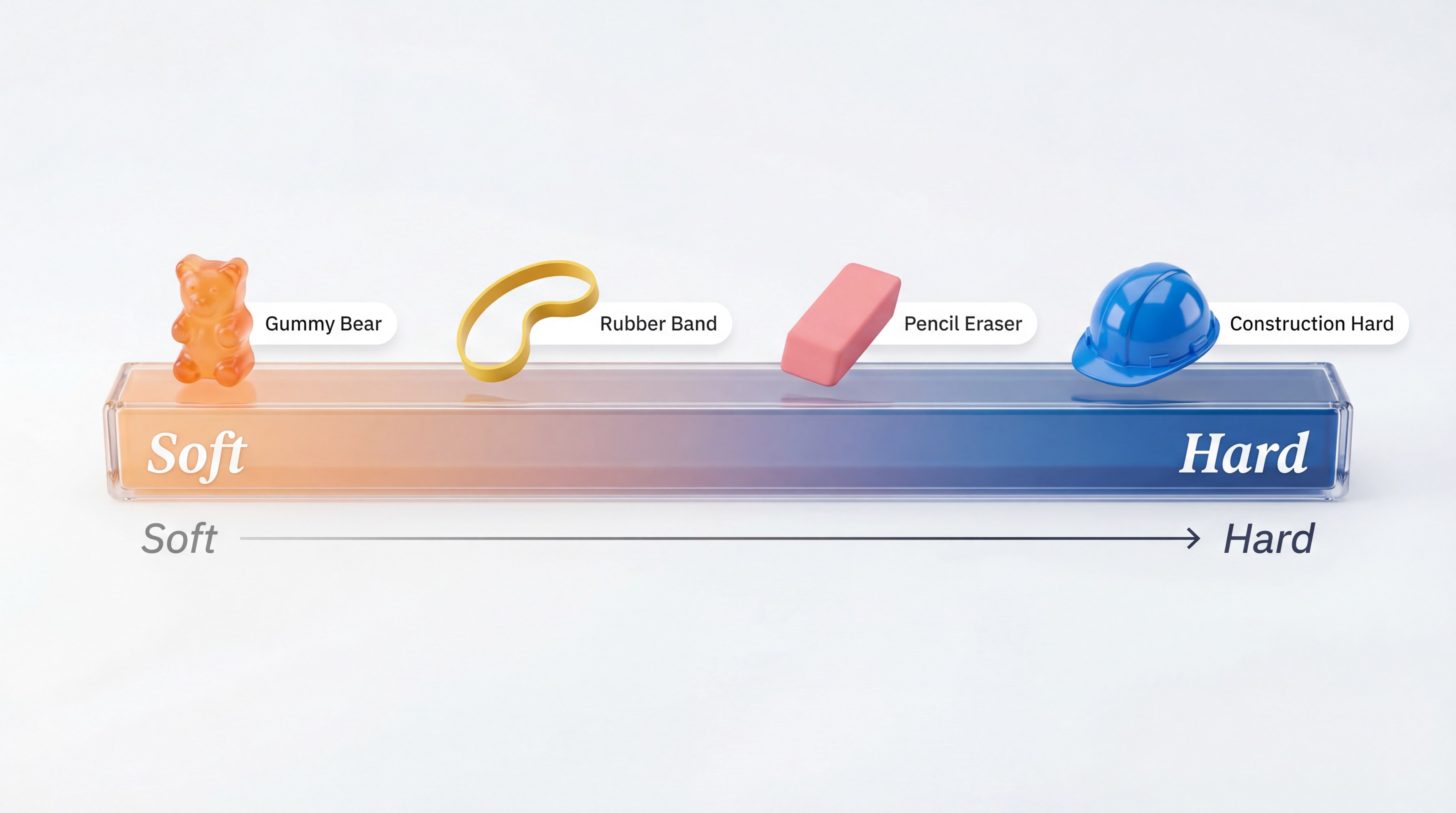 Hardness Chart: Shore A scale comparison with common objects like rubber bands, erasers, and tires.