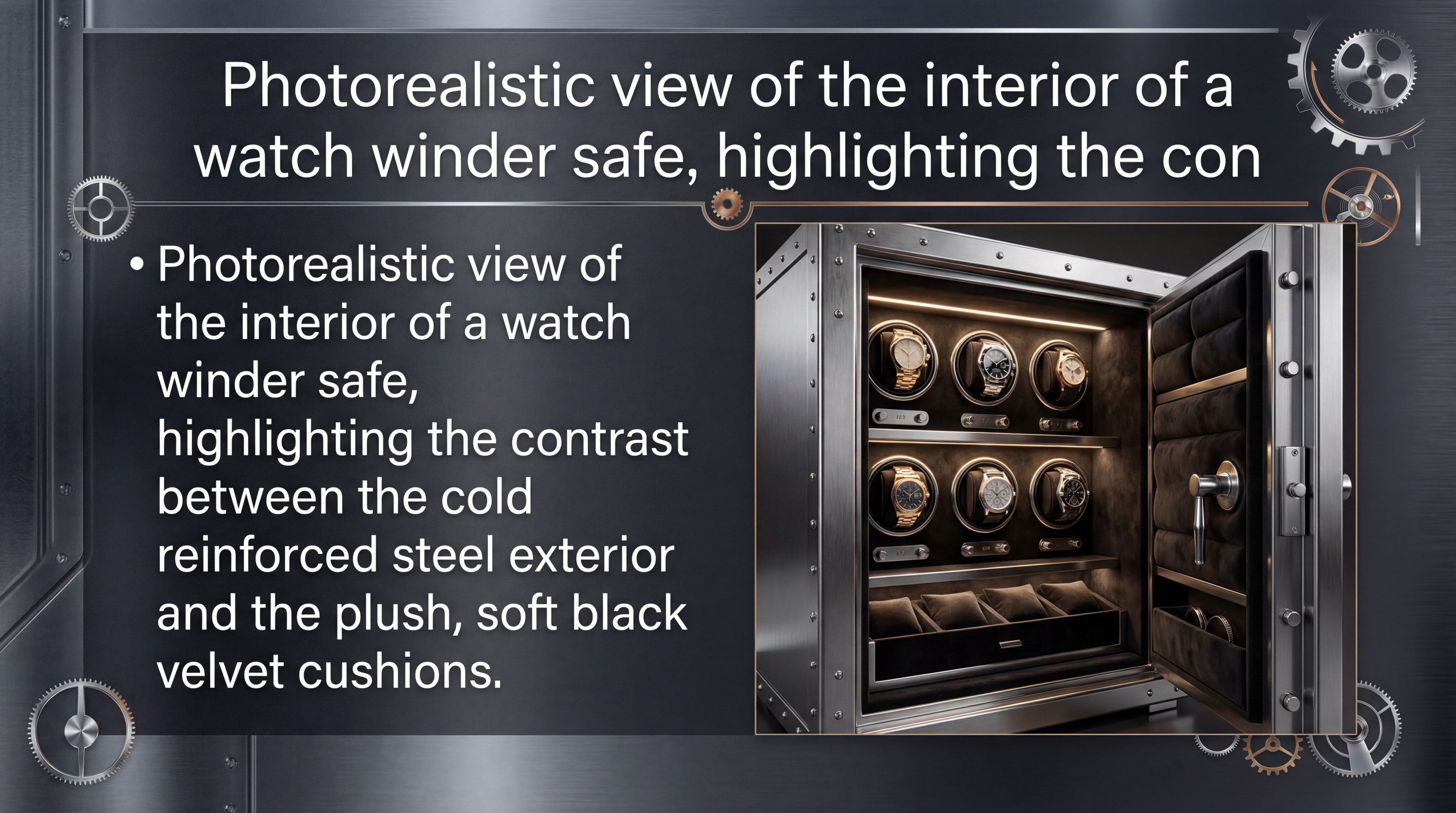 Photorealistic view of the interior of a watch winder safe, highlighting the contrast between the cold reinforced steel exterior and the plush, soft black velvet cushions
