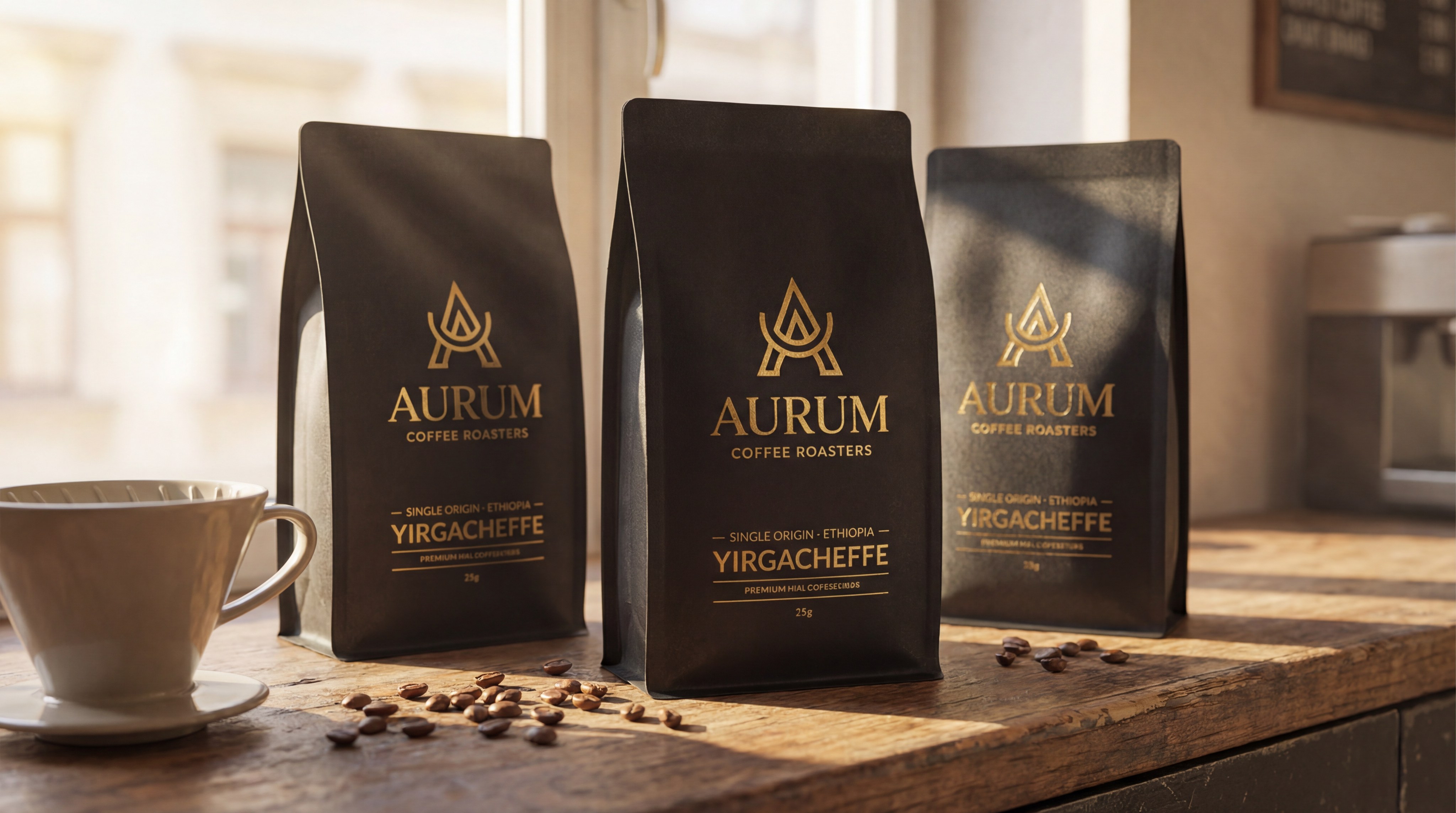 A photorealistic close-up of premium matte black coffee bags with vibrant gold foil custom printing, sitting on a wooden cafe counter with soft morning sunlight.