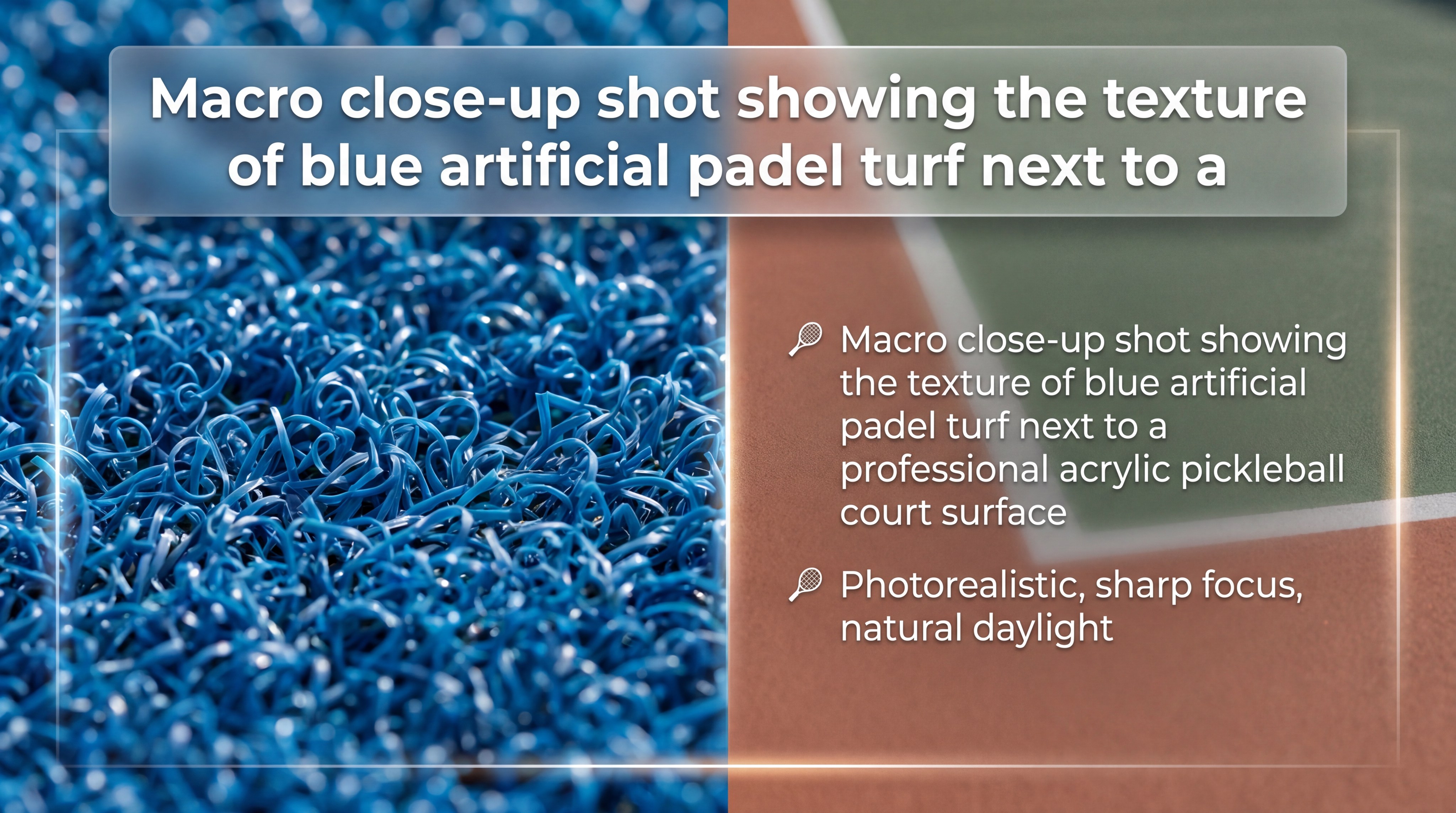 Macro close-up shot showing the texture of blue artificial padel turf next to a professional acrylic pickleball court surface
