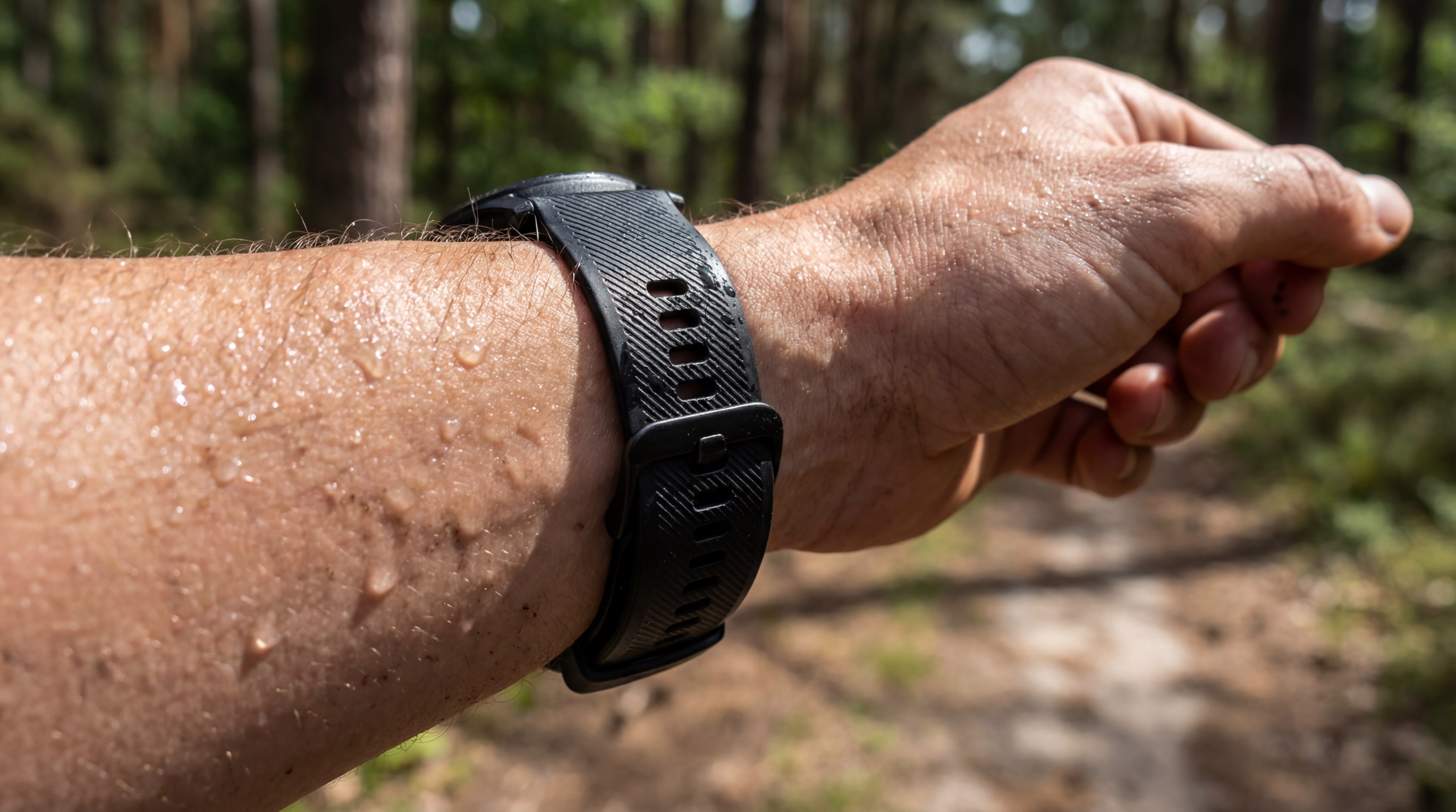 Alt Text: A sleek, modern smartwatch with a matte black silicone strap wrapped around an athlete’s wrist