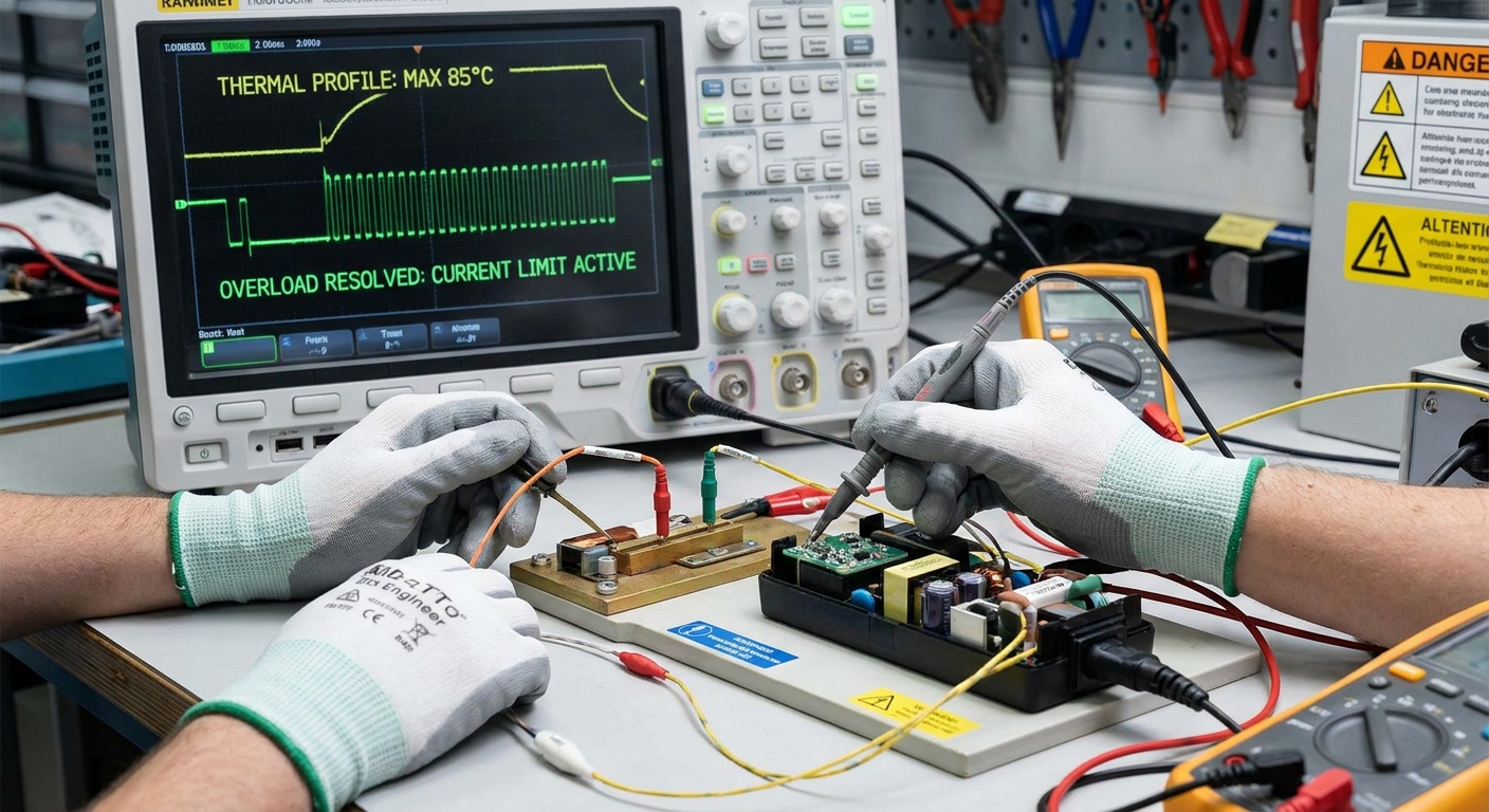 Engineering oscilloscope measuring a thermal profile and demonstrating active overload current limit resolution