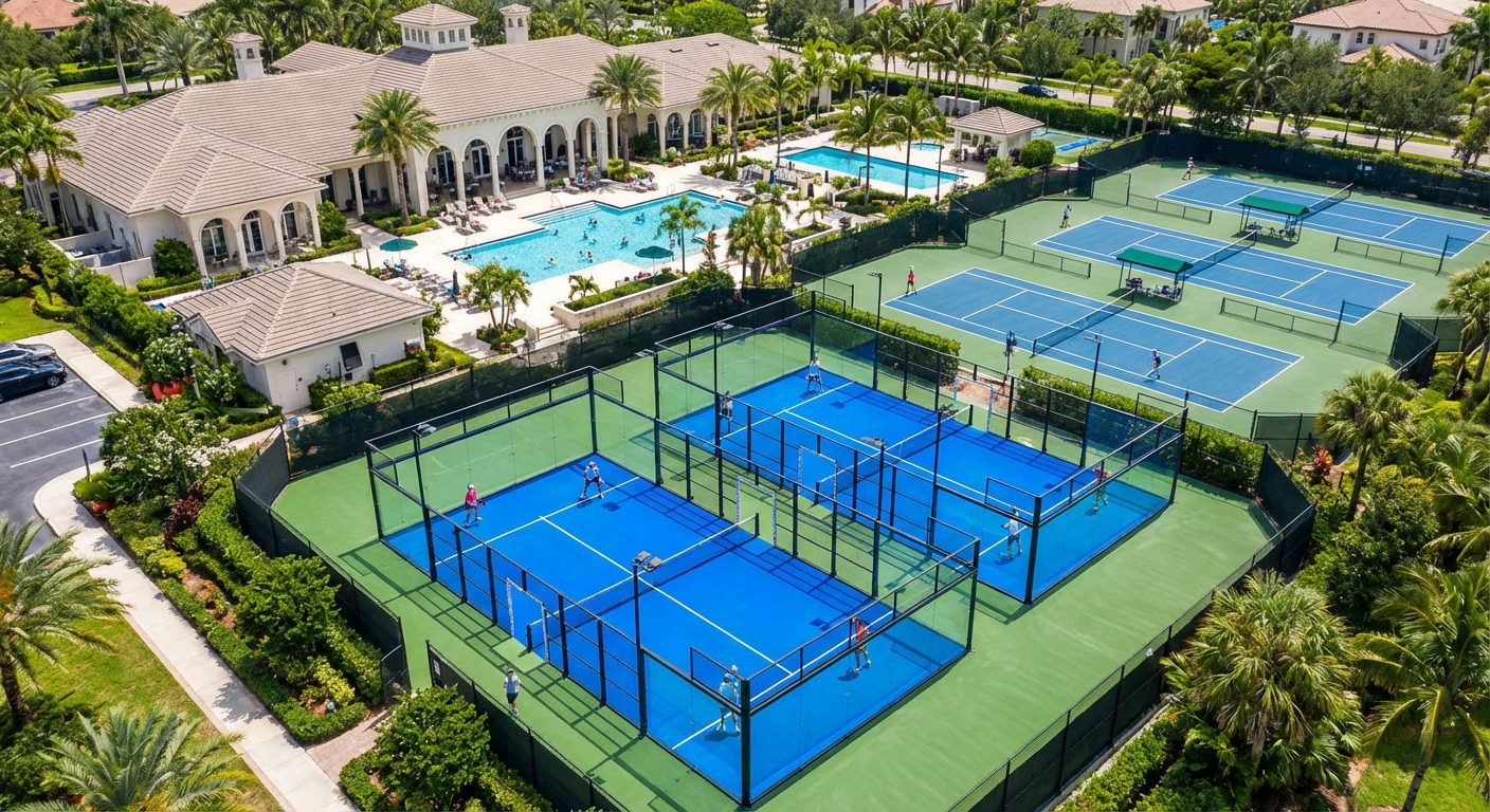 A drone-style photorealistic view of a sports club where one tennis court has been replaced by three vibrant padel courts, all occupied by players.