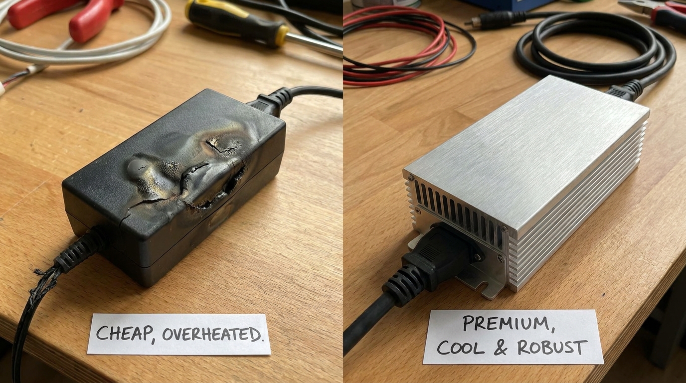 Comparison showing a cheap overheated power adapter and a premium cool and robust aluminum power adapter