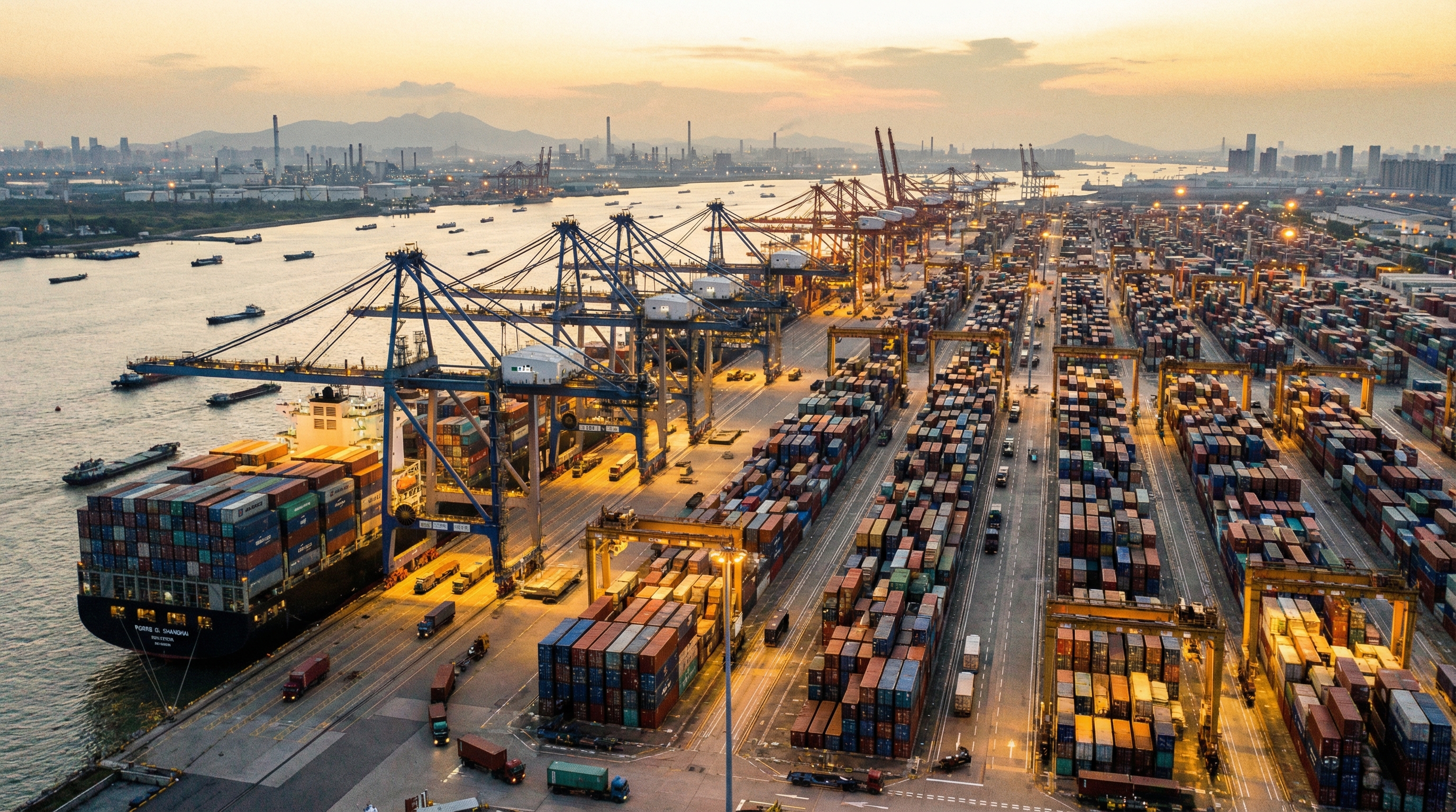 Wide-angle shot of a Chinese port at dusk with shipping container stacks.