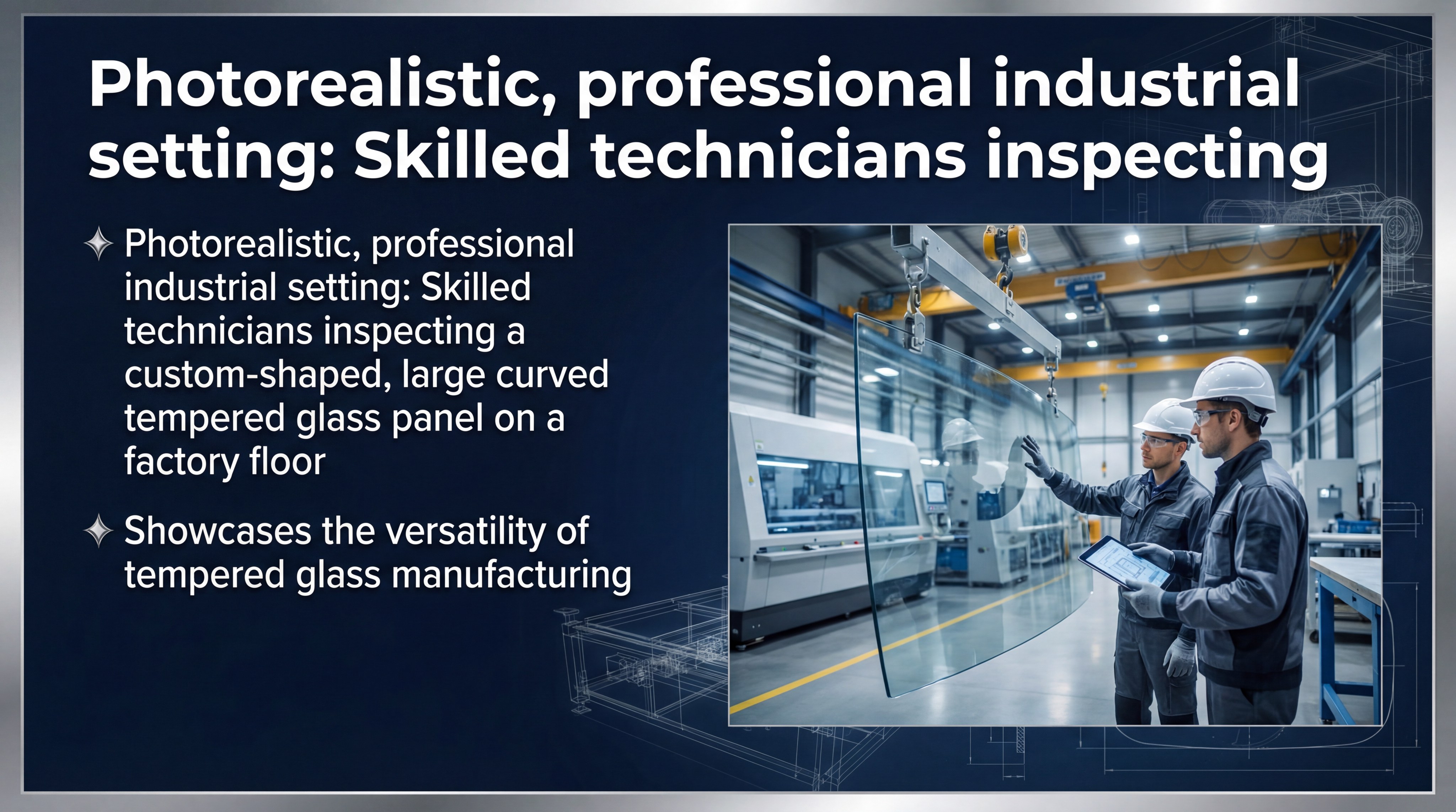 Skilled technicians inspecting a custom-shaped, large curved tempered glass panel on a factory floor